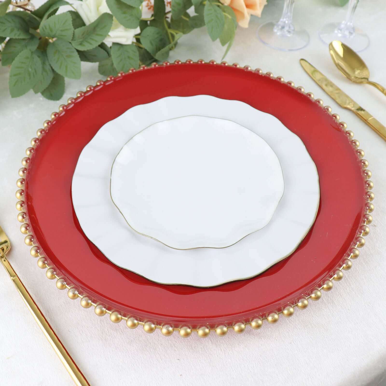 Hot Sale! 6-Piece Set of 13-Inch Red Acrylic Round Charger Plates with Gold Beaded Rims for Dinner Parties