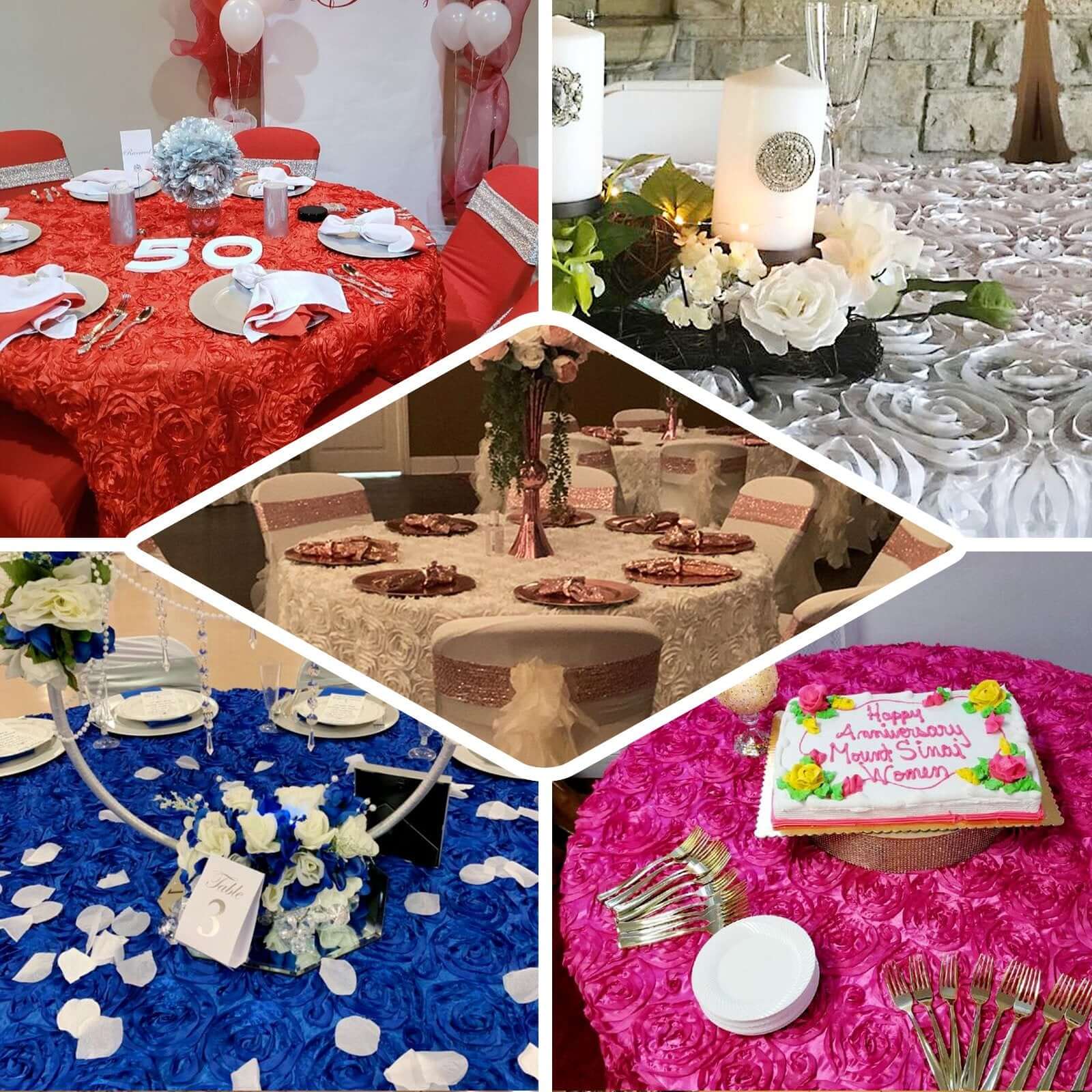 Hot Sale! Purple Satin 120-Inch Round Tablecloth with 3D Rosette and Seamless Finish