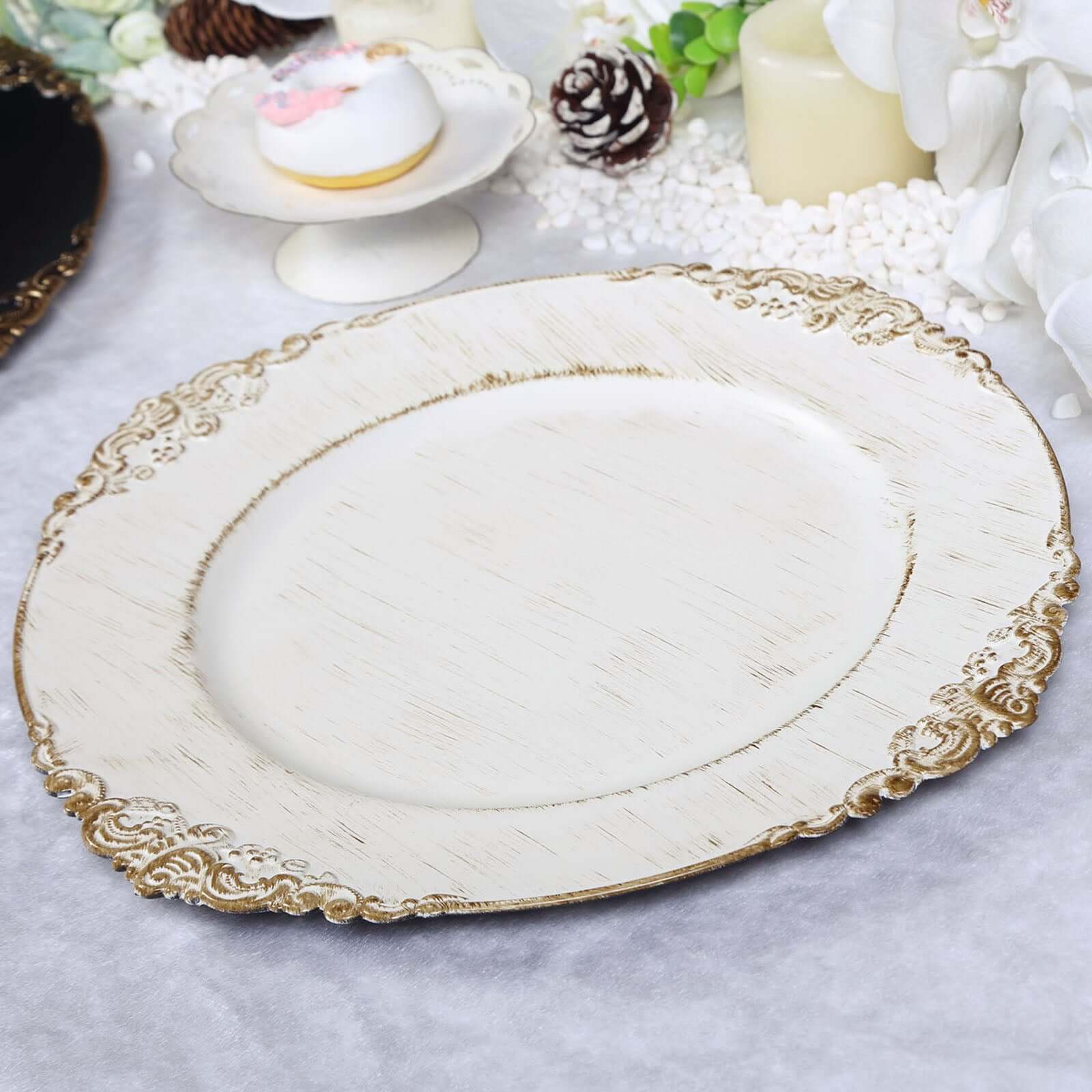 6-Piece Set of 13-Inch White Washed Acrylic Round Charger Plates with Gold Embossed Baroque Rim for Dinner Parties