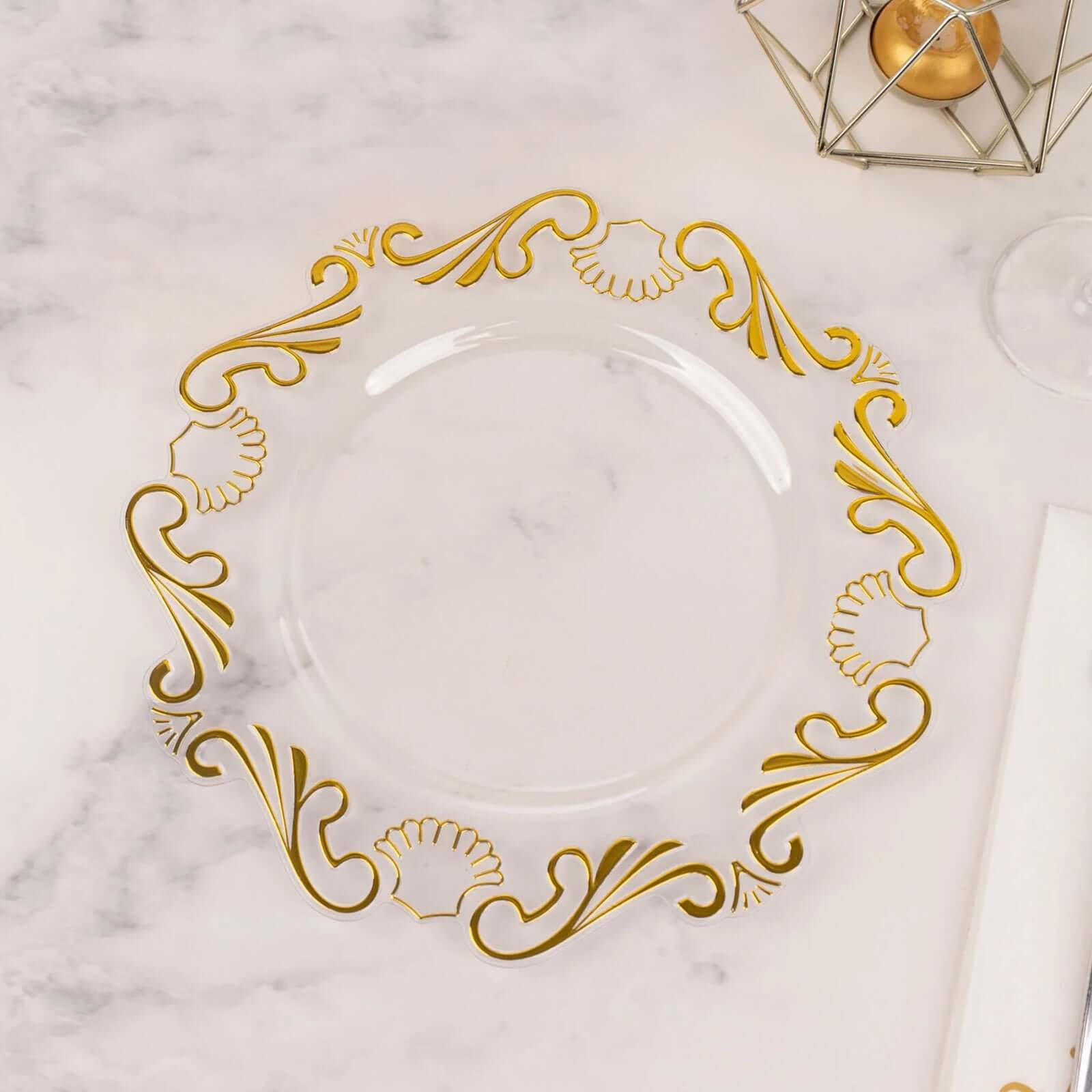 10-Pack Clear Plastic Round Dinner Plates with Gold Vintage Baroque Scalloped Rim - Ideal for Parties