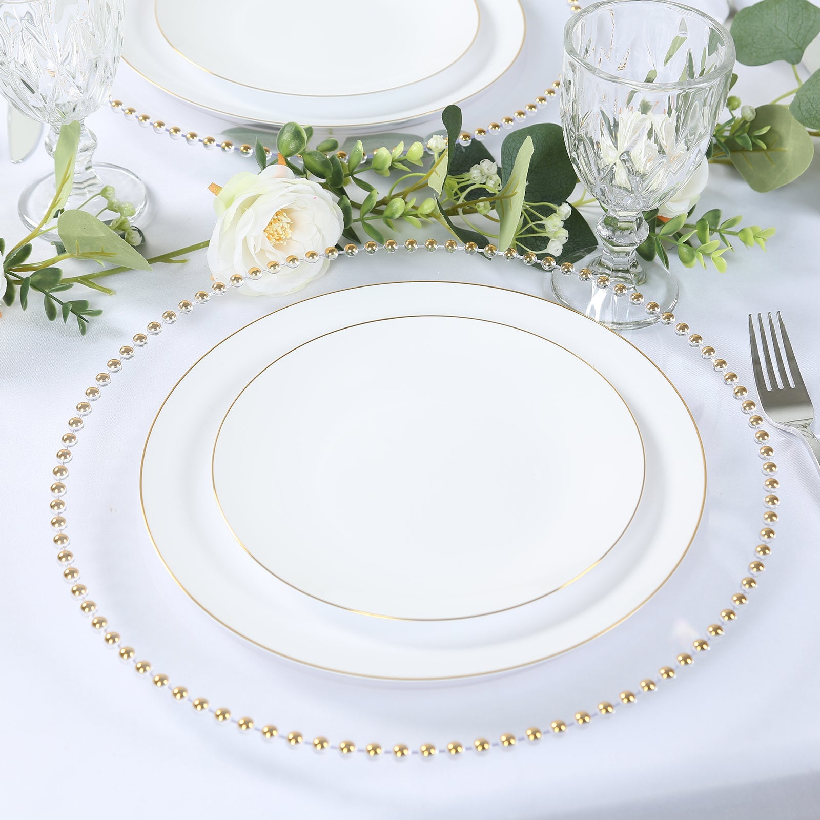 10-Piece Set of Clear 13-Inch Round Plastic Charger Plates with Gold Beaded Rim for Stylish Dinner Parties
