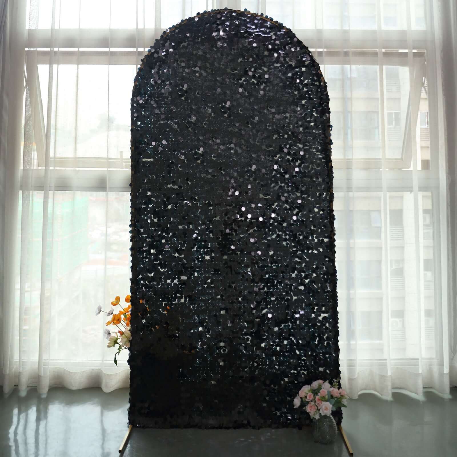 7ft Double-Sided Sparkling Black Payette Sequin Cover for Round Top Wedding Arch