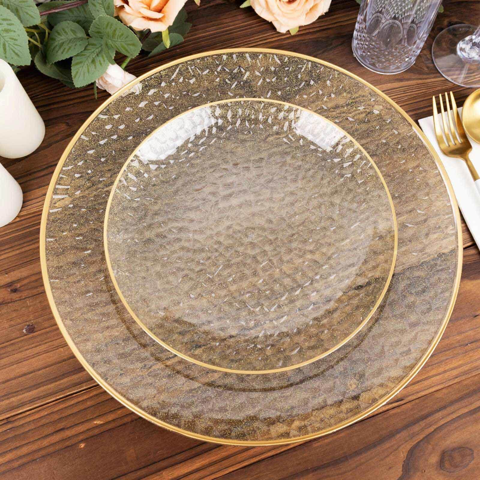 10-Pack Clear Plastic Dessert Plates with Gold Glitter Hammered Design and Rim - Disposable for Events