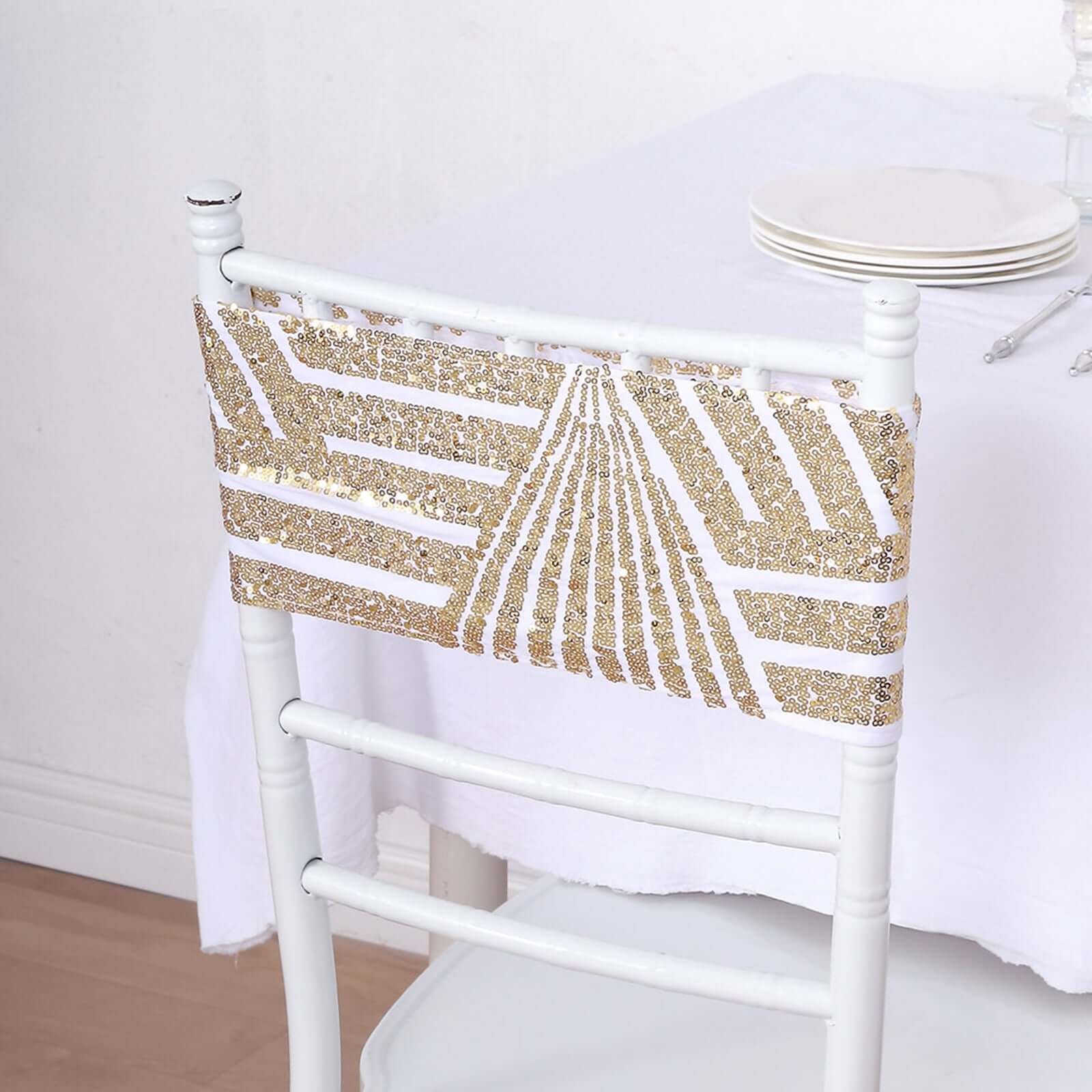 Hot Sale! 5-Pack White Sequin Spandex Chair Sashes with Gold Geometric Diamond Pattern for High-End Events