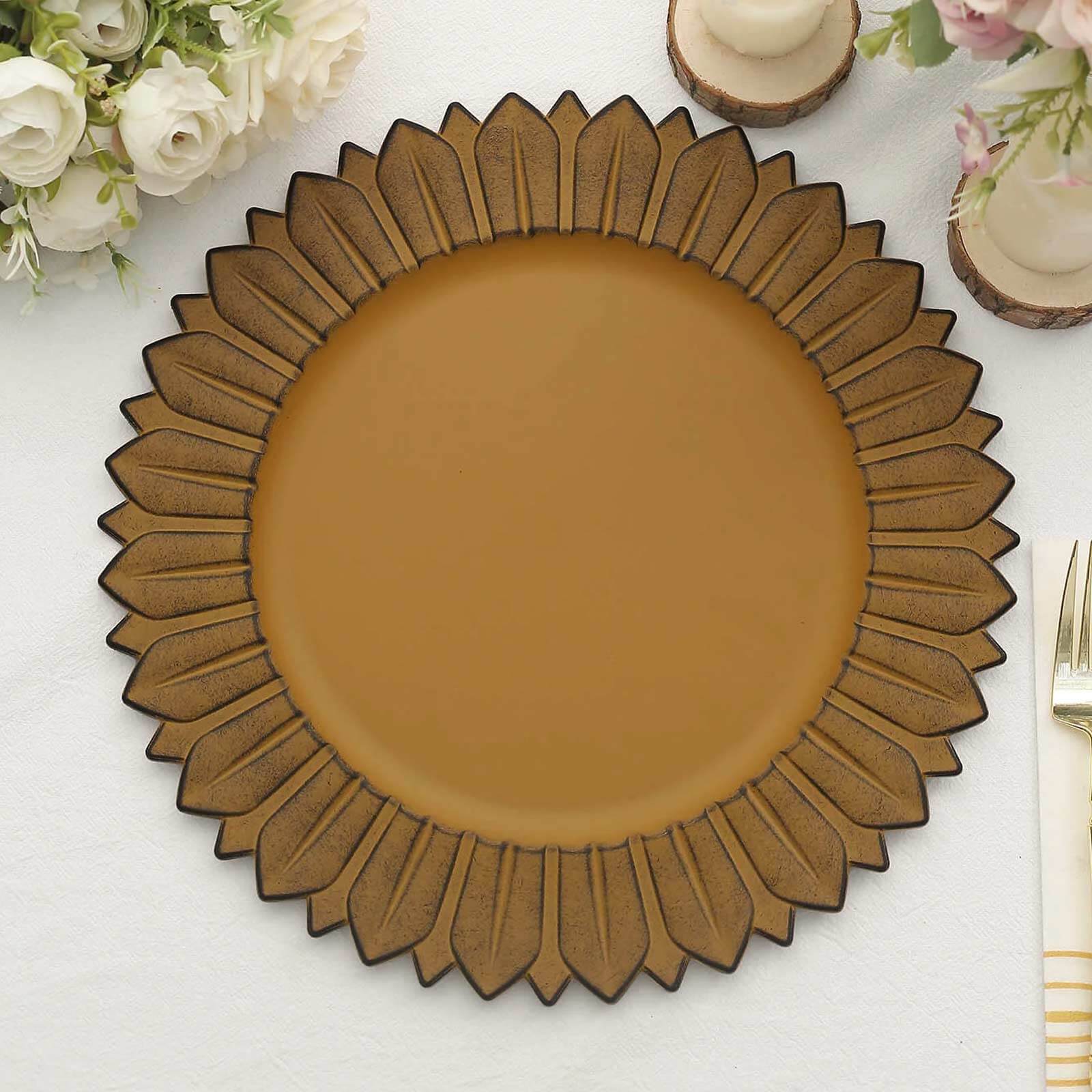 6-Piece Set of 13-Inch Matte Mustard Yellow Plastic Round Charger Plates with Sunflower Rim