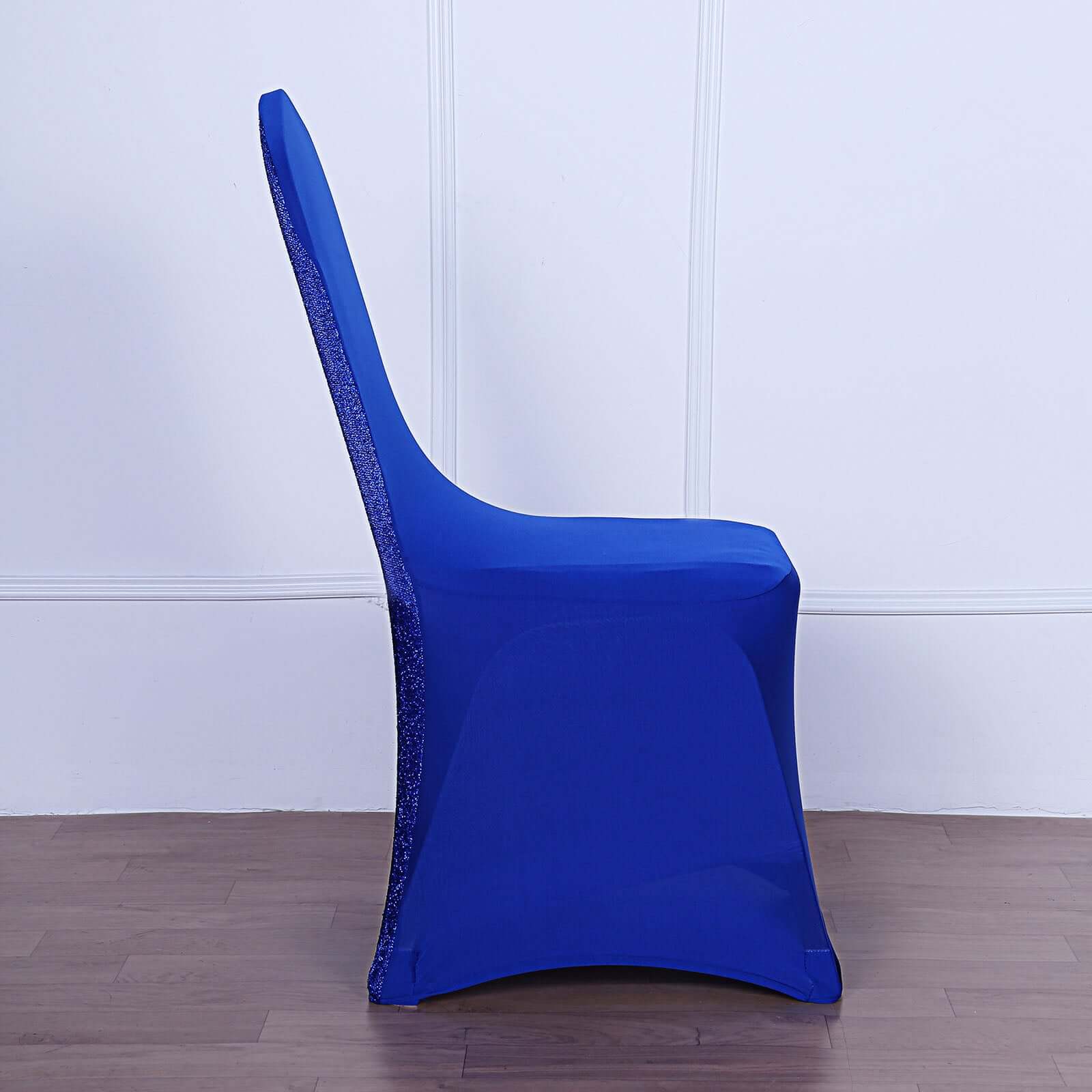 Fitted Royal Blue Spandex Chair Cover with Metallic Shimmer Tinsel Back for Banquets