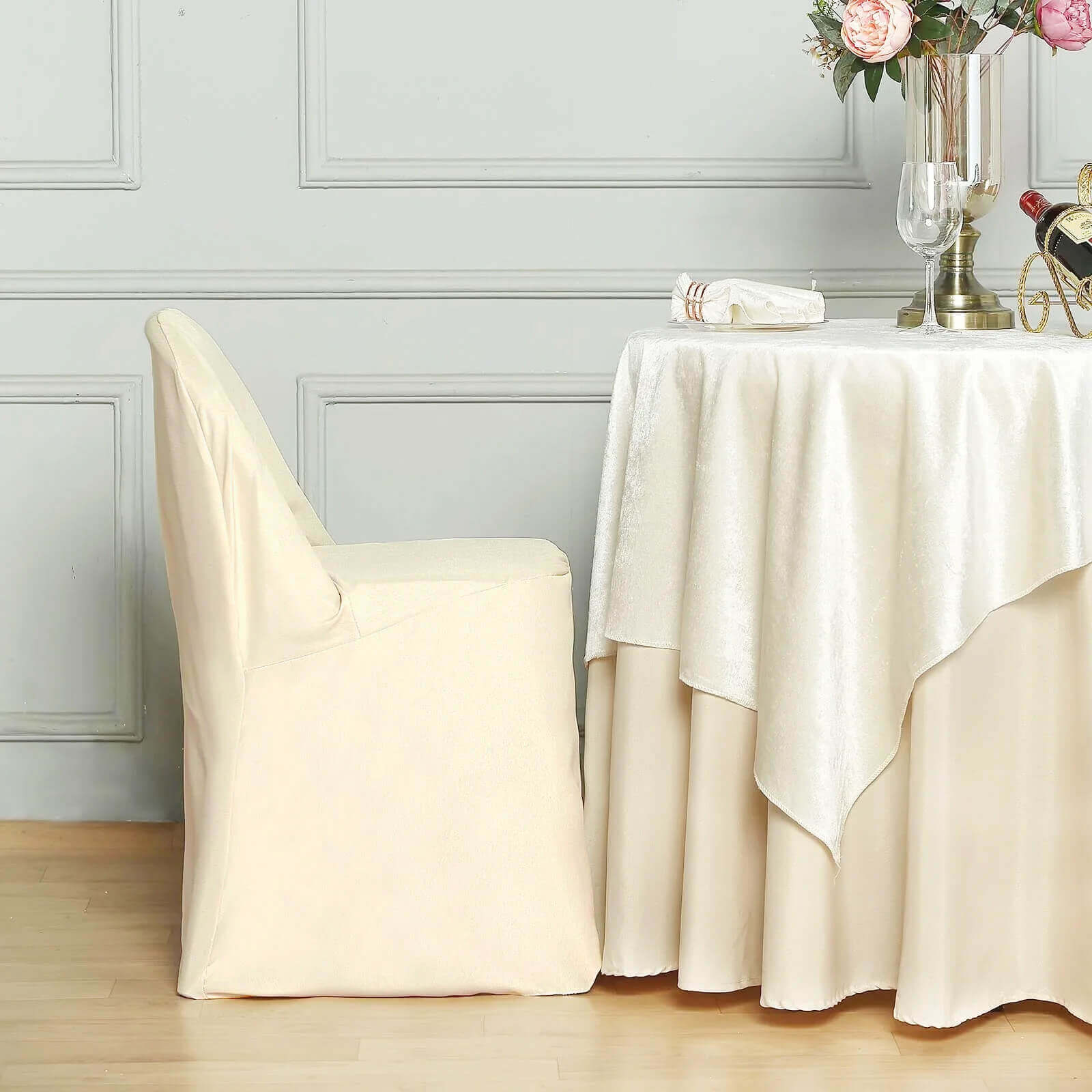 10-Pack Wrinkle-Free, Stain-Resistant Beige Polyester Slip-On Chair Covers for Folding Chairs