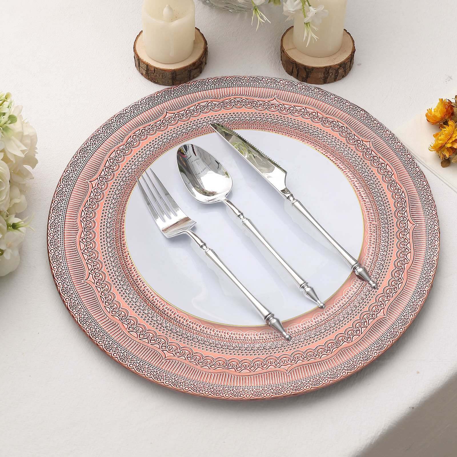 Hot Sale! 6-Pack 13-inch Rose Gold Acrylic Charger Plates with Lace-Embossed Rim for Table Decor