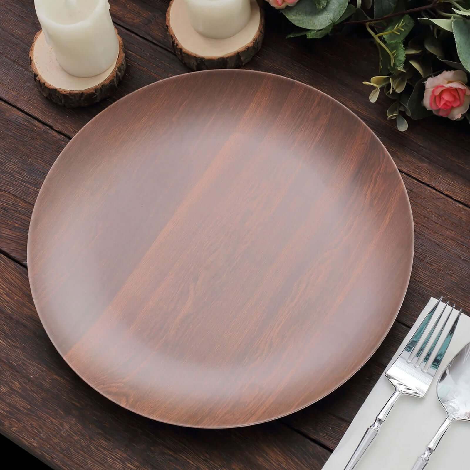 Set of 6 Disposable Shatterproof Brown Wood Grain Melamine 10-Inch Round Dinner Plates for Rustic Party Decor