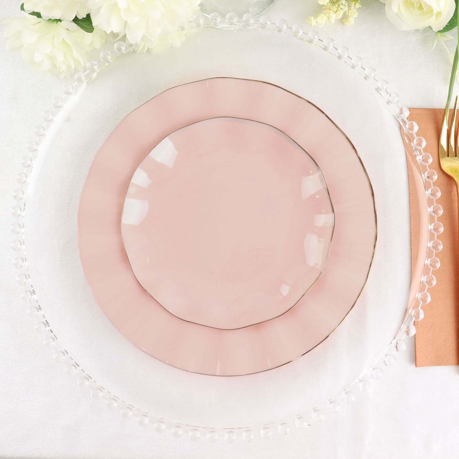 10-Piece Set of Sturdy Disposable Blush Plastic Round Dessert Plates with Gold Ruffled Edging