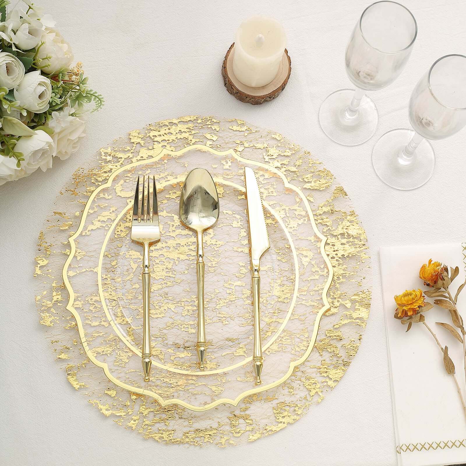 10-Piece Metallic Gold Round Foil Design Disposable Shiny Table Placemats 13 Inches