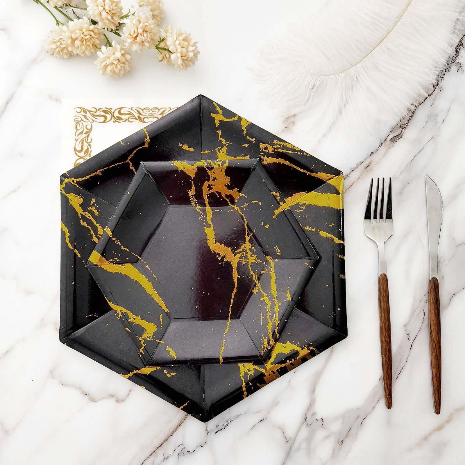 25-Pack Disposable 12" Black Paper Dinner Plates with Gold Marble Design - Ideal for Events