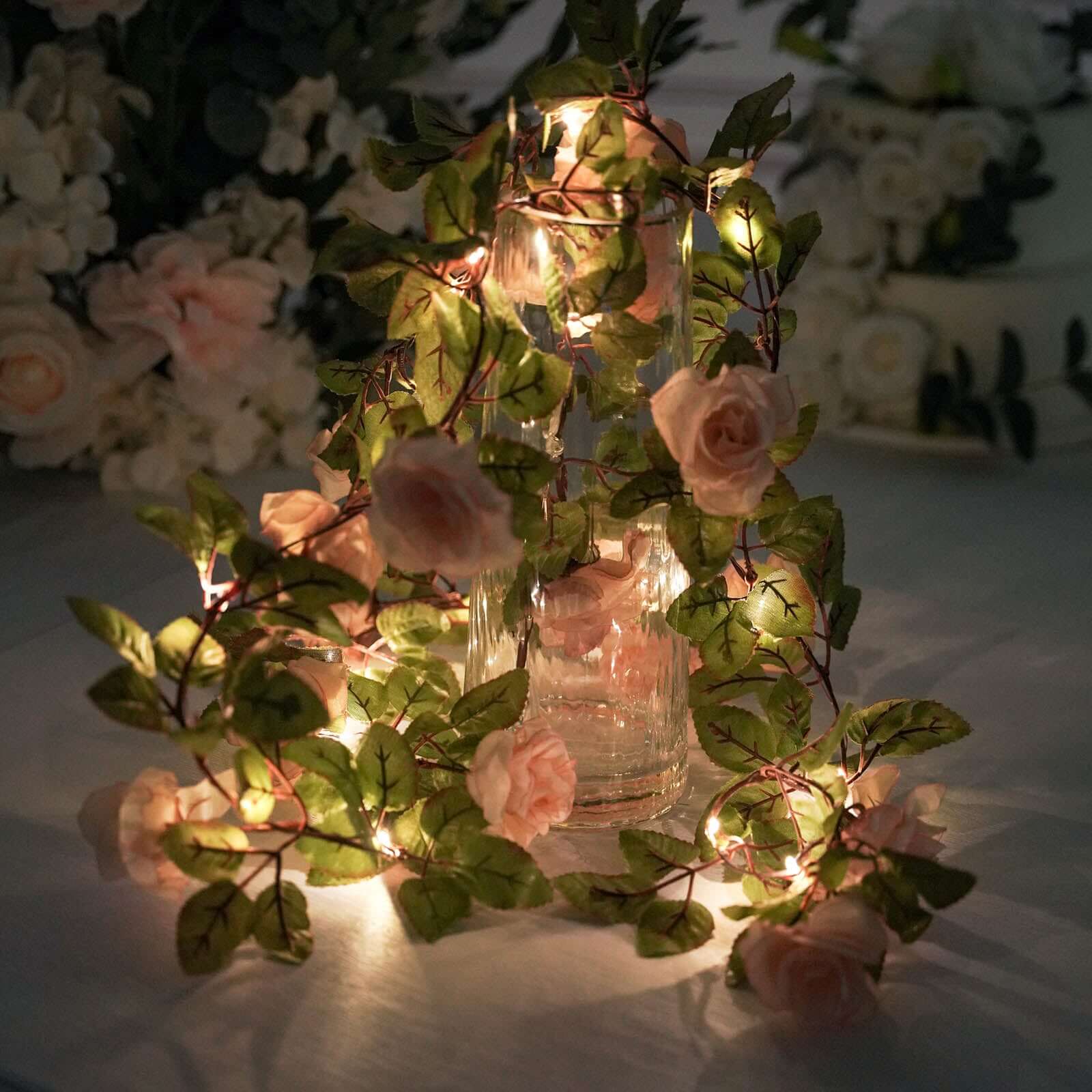 7ft LED Blush Silk Rose Garland with Warm White Battery - Operated Lights, Perfect for Decor