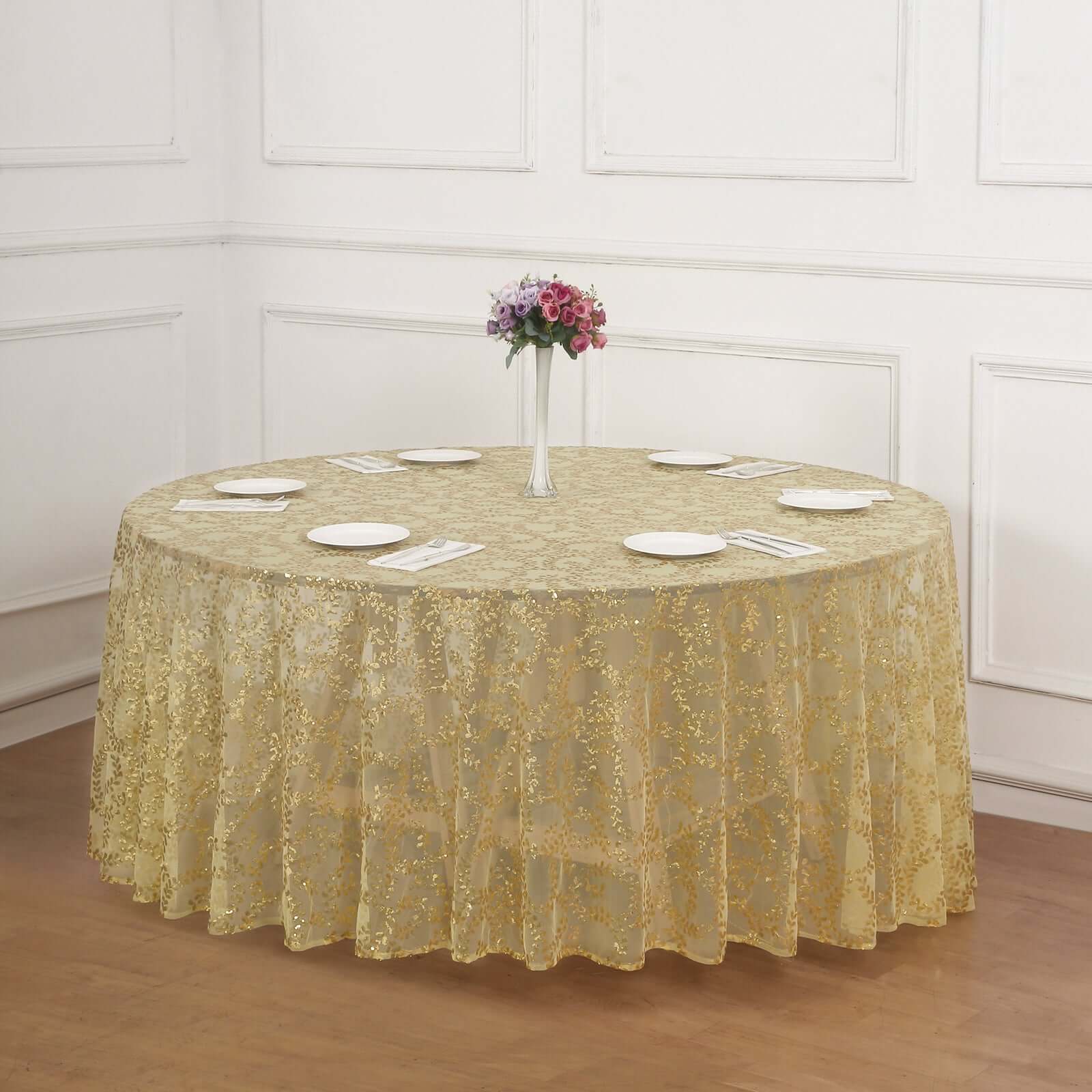 Gold Seamless Sequin Leaf Embroidered 120 Round Tulle Tablecloth for Elegant Events