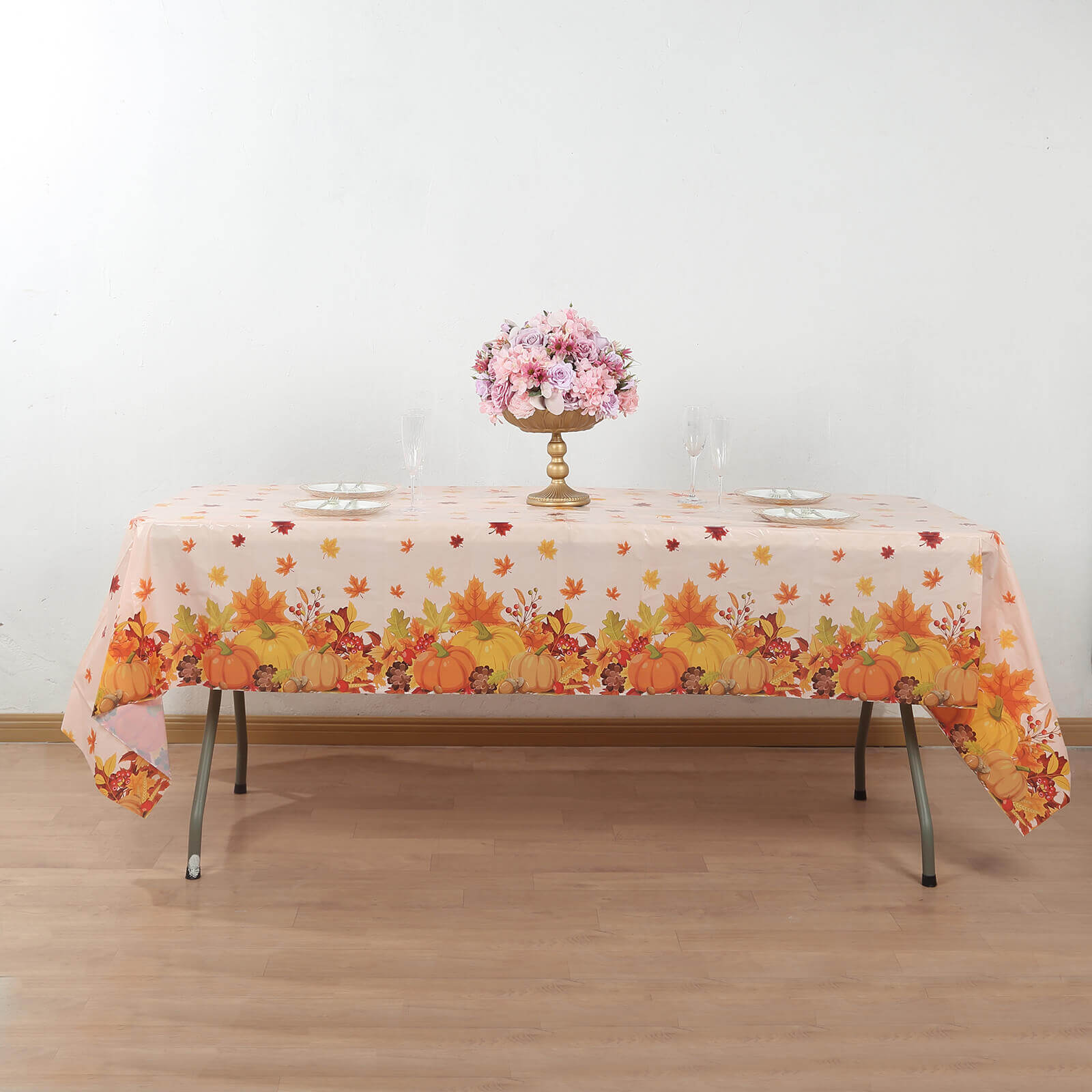 5-Pack Orange Thanksgiving Plastic Rectangle Tablecloths with Fall Leaves & Pumpkin Print - Festive PVC Disposable Covers