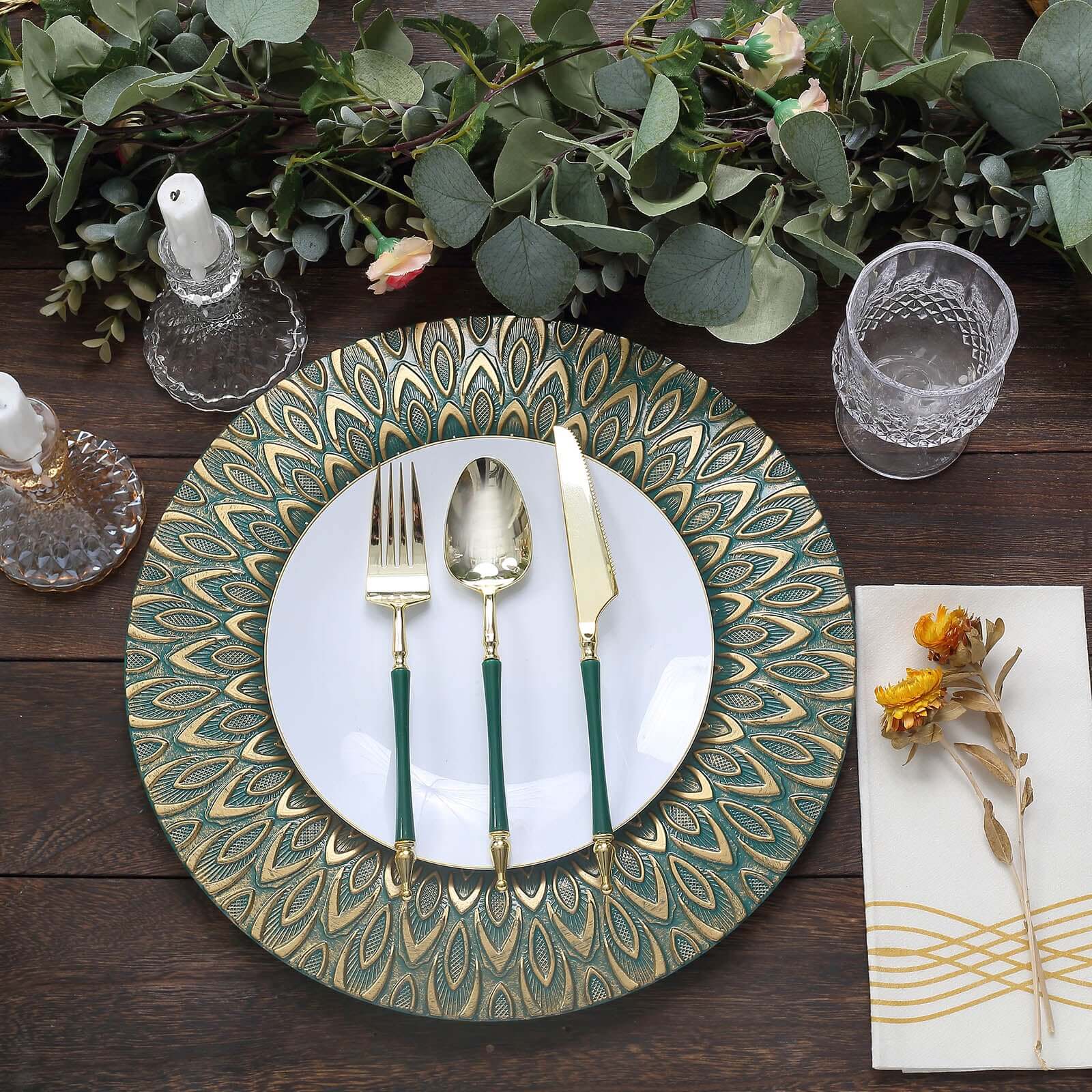 6-Piece Set of 13-Inch Teal Plastic Charger Plates with Gold Embossed Peacock Design