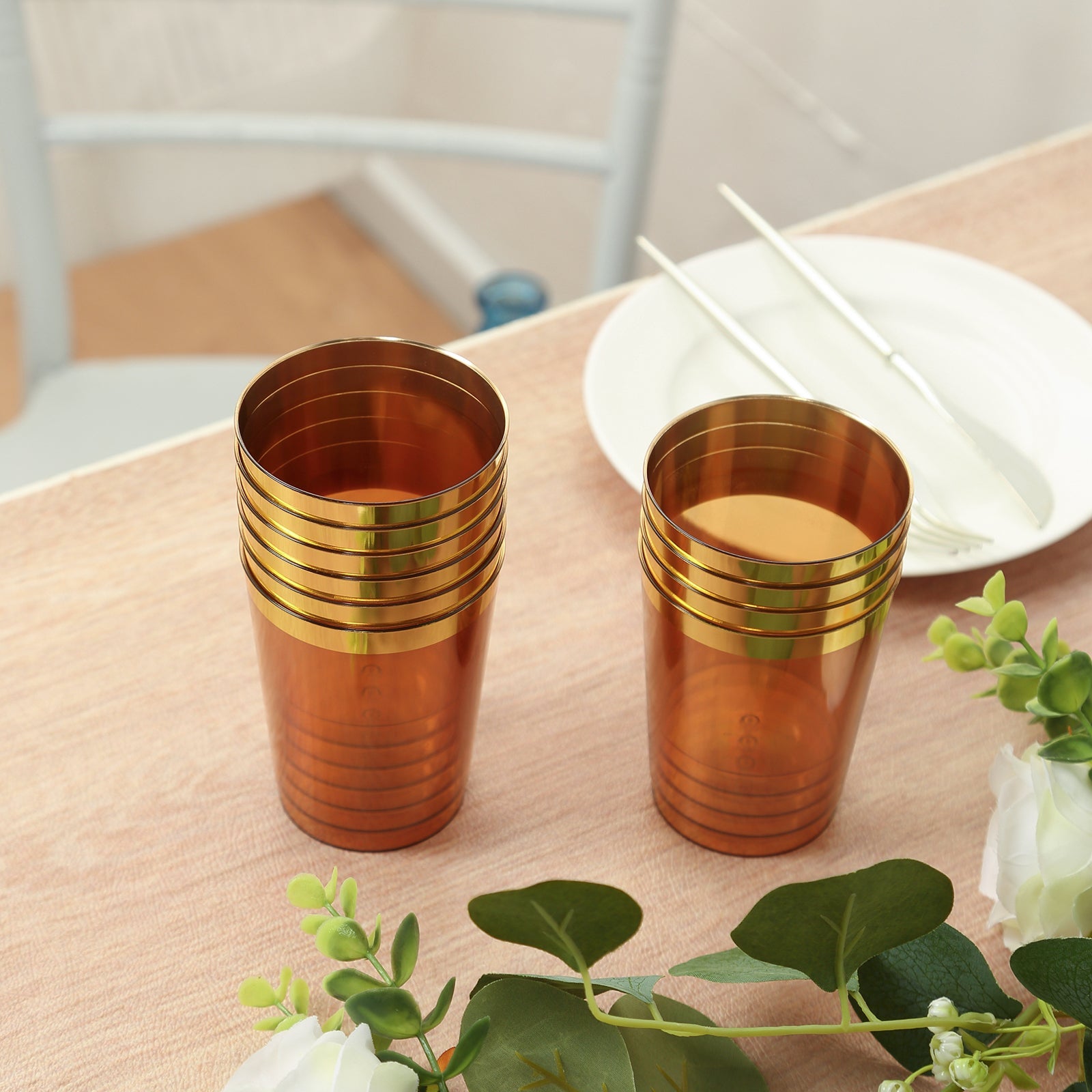 Get 25-Pack of 10oz Transparent Amber Gold Plastic Tumbler Cups with Gold Rim for Stylish Disposable Party