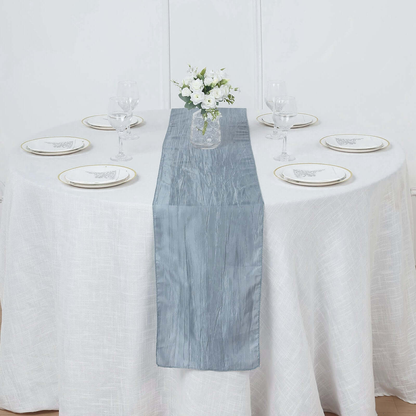 12x108 Dusty Blue Taffeta Table Runner with Accordion Crinkle & Metallic Shine