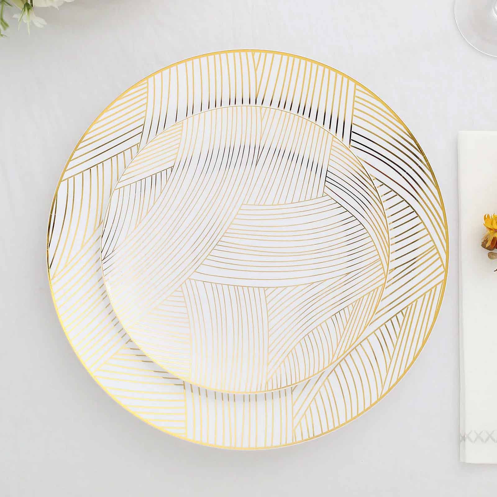 10-Pack Disposable White Plastic Round Dessert Plates with Gold Wave Pattern