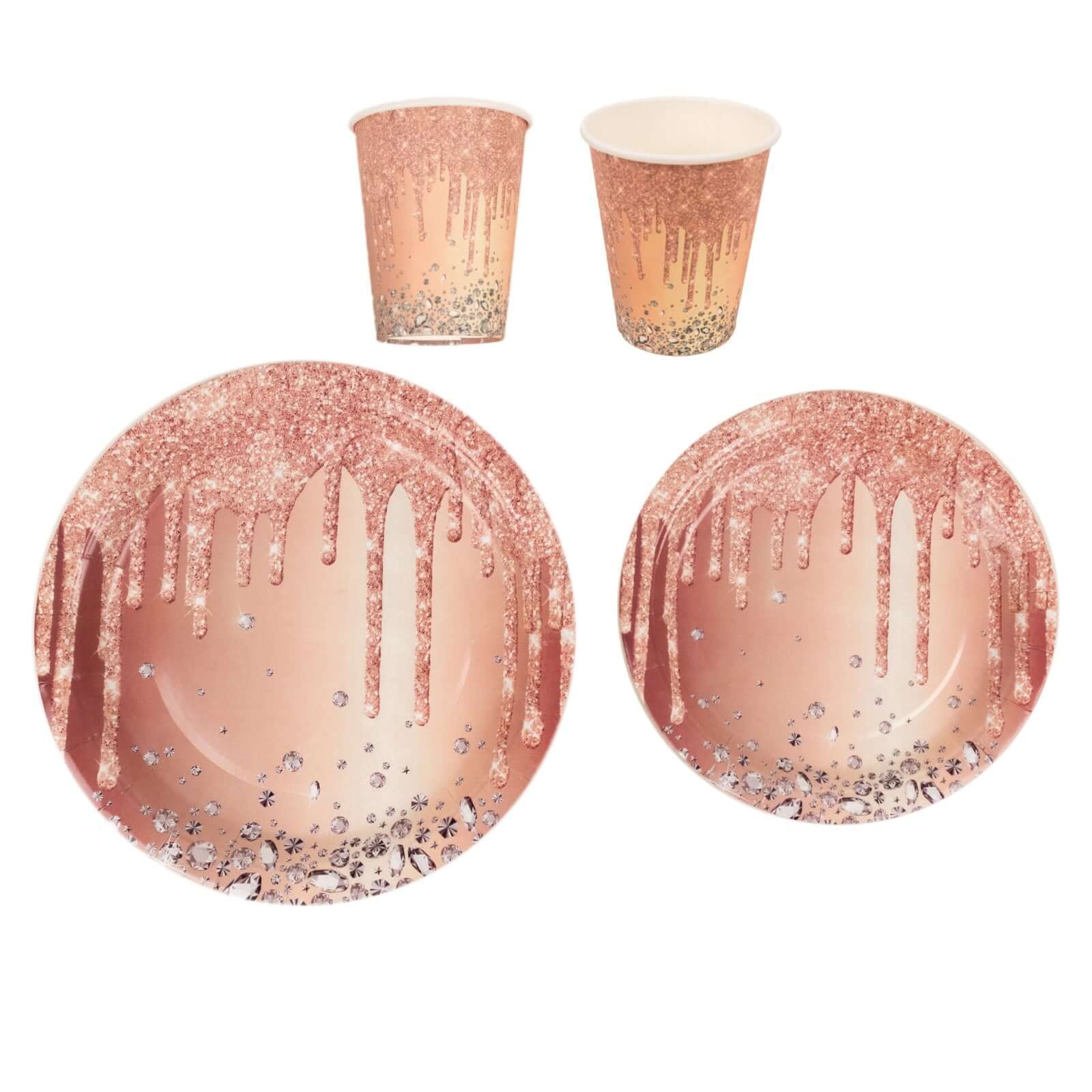Hot Sale! 72-Piece Disposable Paper Dinnerware Set in Rose Gold with Diamond Glitter Drip Pattern