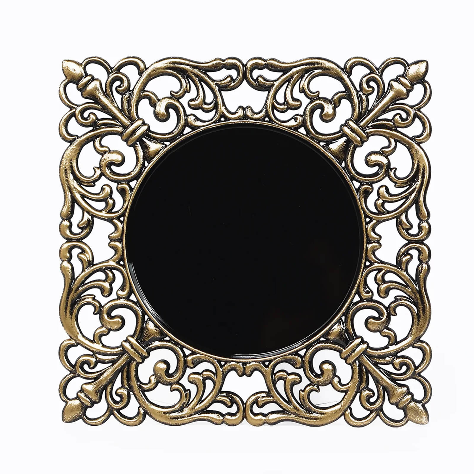 Hot Sale! 6-Pack 12-Inch Black Acrylic Square Charger Plates with Antique Gold Hollow Lace Border for Event Decor