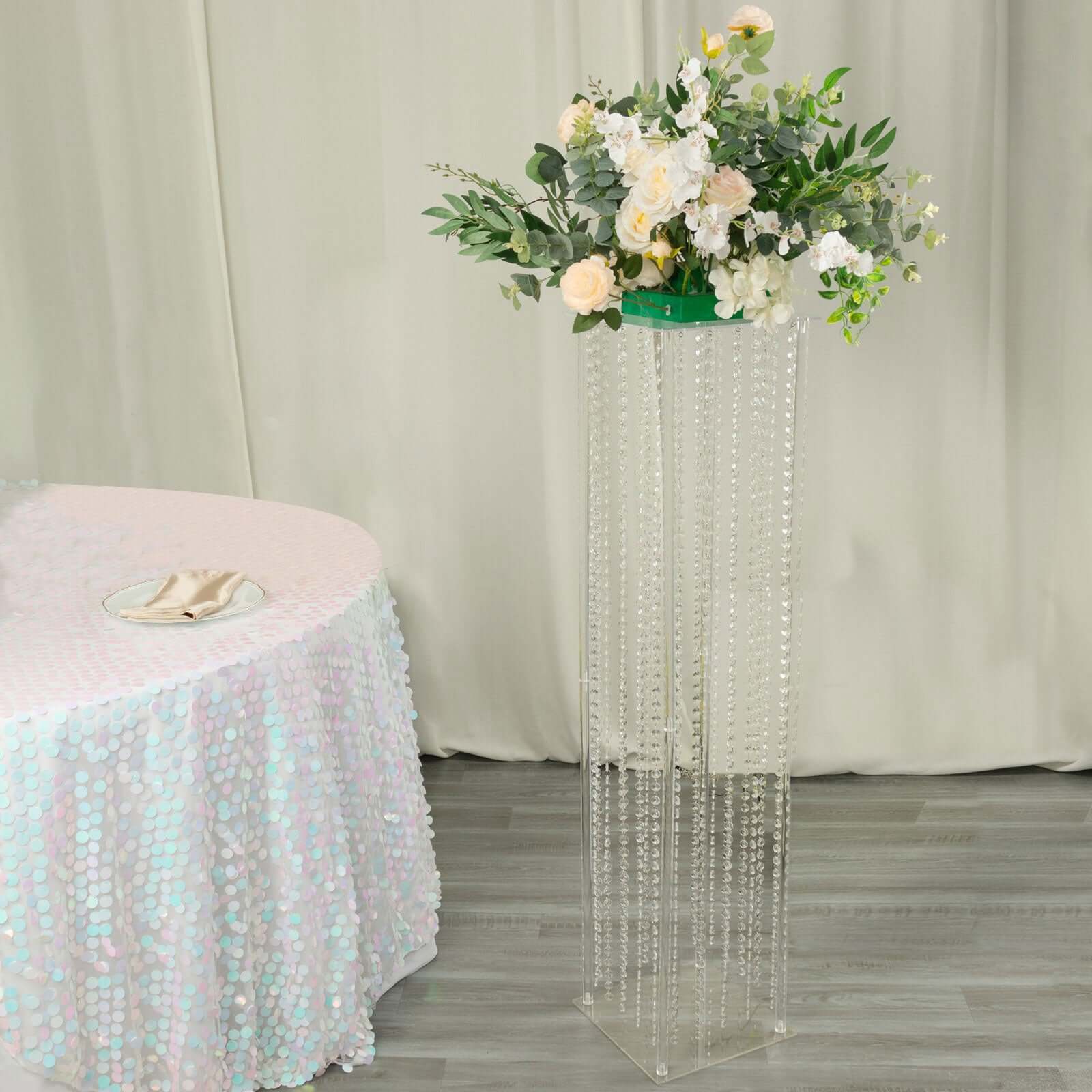 Clear Acrylic Flower Pedestal Vase with Crystal Beads - Ideal Wedding Floor Centerpiece