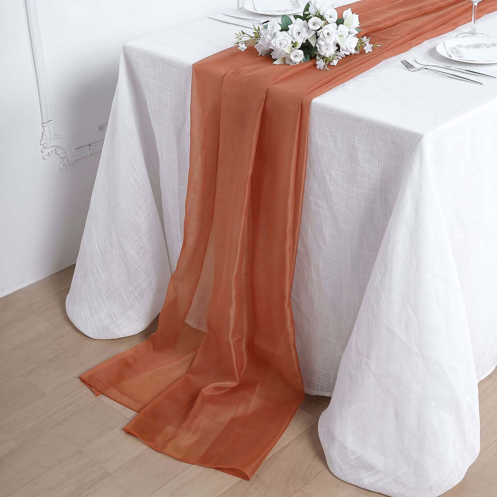 Luxurious 6ft Terracotta (Rust) Chiffon Table Runner - Light & Flowy Decor