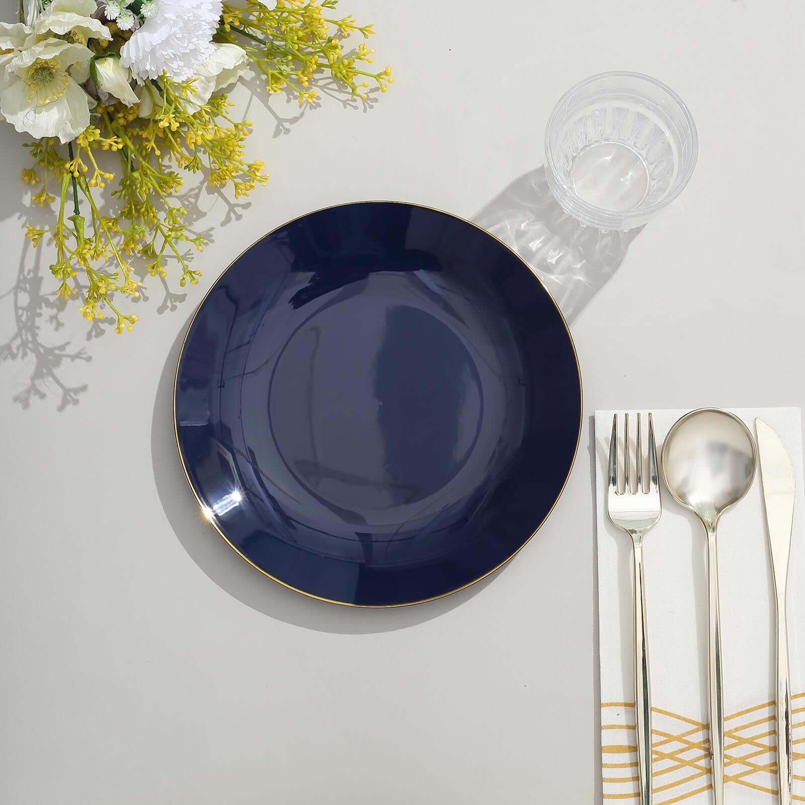 Hot Deal! 10-Piece Set of Disposable Navy Blue Plastic Round Dessert Plates with Gold Rim