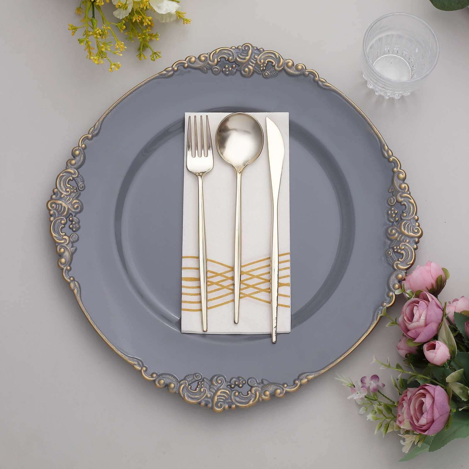 6-Pack 13-Inch Charcoal Gray Acrylic Round Charger Plates with Gold Embossed Baroque Rim - Ideal for Dinner Parties
