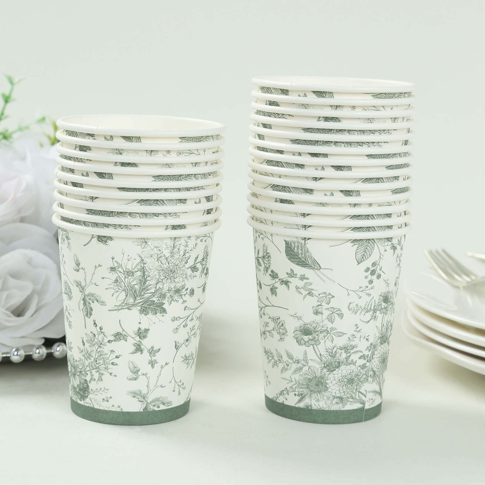 24-Piece 9oz Disposable Paper Party Cups in Elegant White & Sage Green French Toile Design
