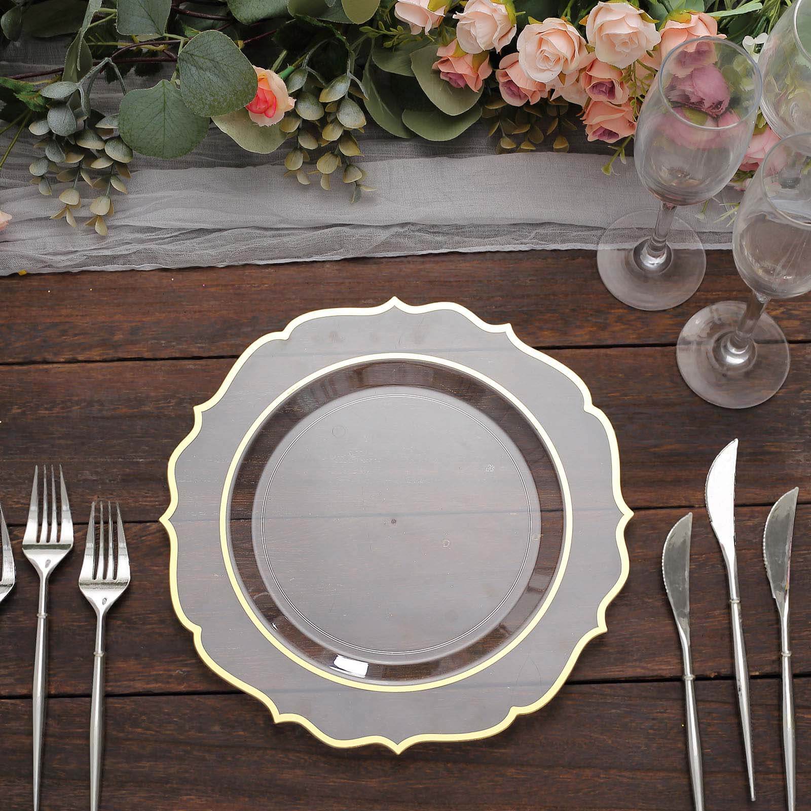 10-Piece Set of Clear Plastic Round Dinner Plates with Gold Scalloped Rims - Disposable for Parties