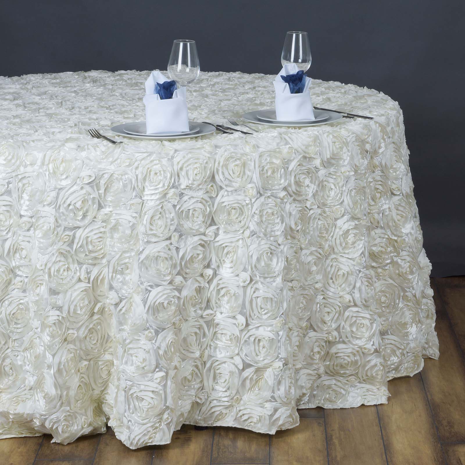 Hot Sale! Seamless 3D Rosette Ivory Satin 132 - inch Round Tablecloth for Special Events