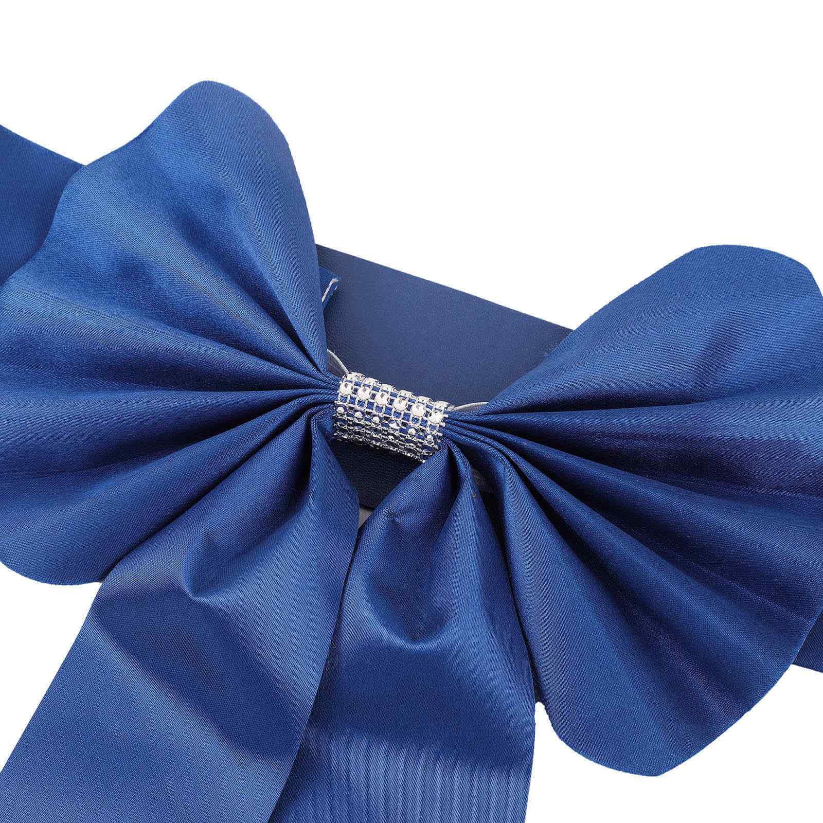 Hot Deal! 5-Pack Royal Blue Satin Faux Leather Chair Sashes with Diamond Rhinestone Buckles