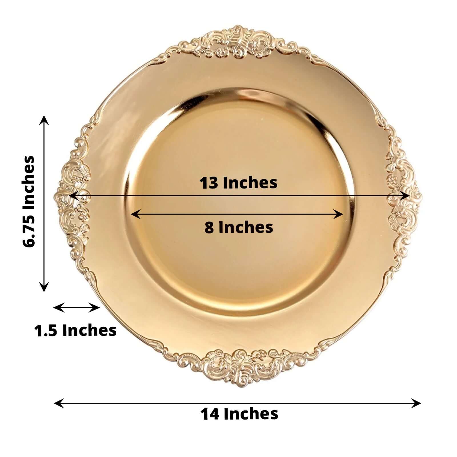 6-Pack 13-inch Gold Acrylic Round Charger Plates with Embossed Baroque Rim - Ideal for Dinner Parties