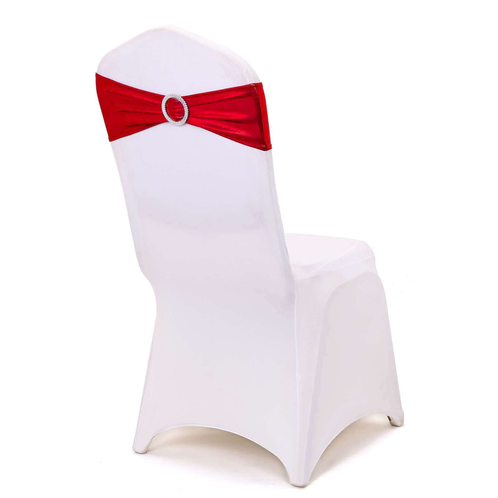 5-Pack Metallic Red Spandex Chair Sashes with Round Diamond Buckles - Stretch Fit for Parties