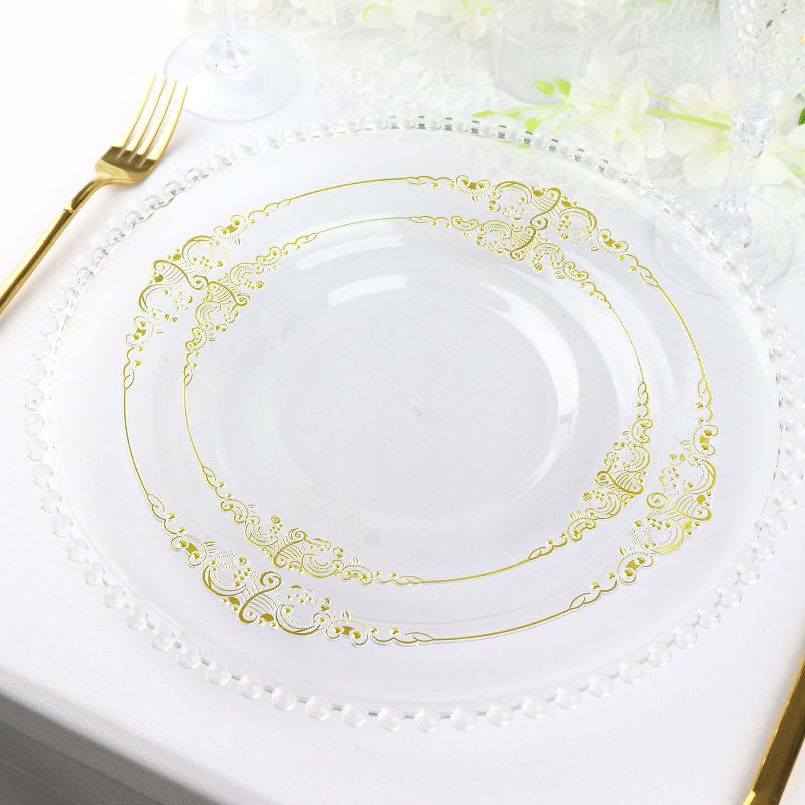 Hot Deal! 10-Pack Disposable Round Plastic Dinner Plates with Gold Leaf Embossed Rim in Vintage Baroque Style