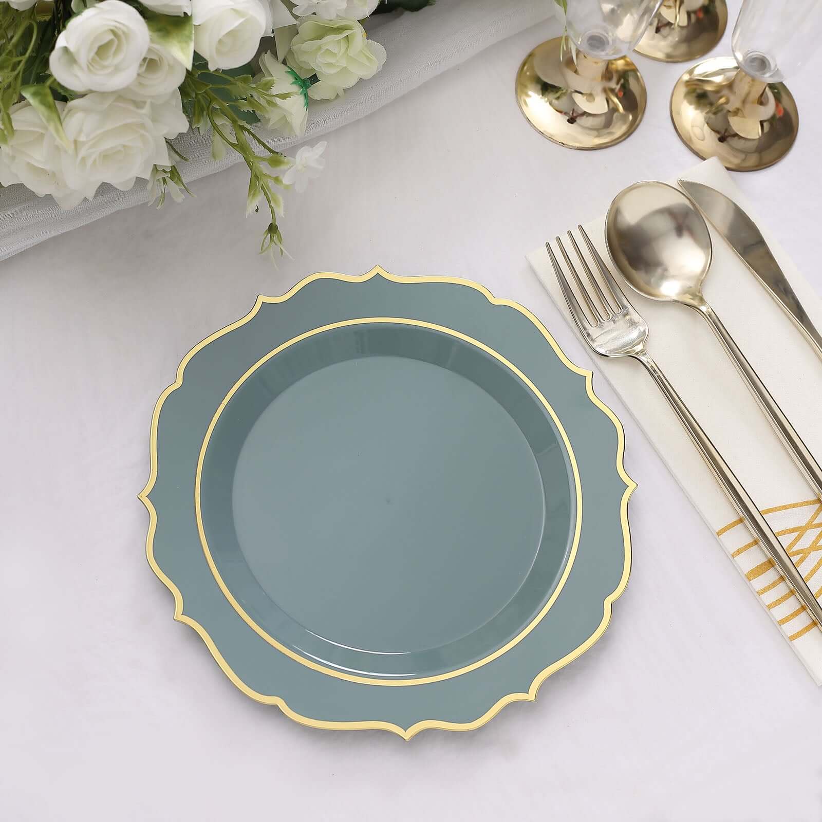 Hot Deal! 10-Pack 8" Disposable Dusty Blue Plastic Desert Plates with Gold Scalloped Rim