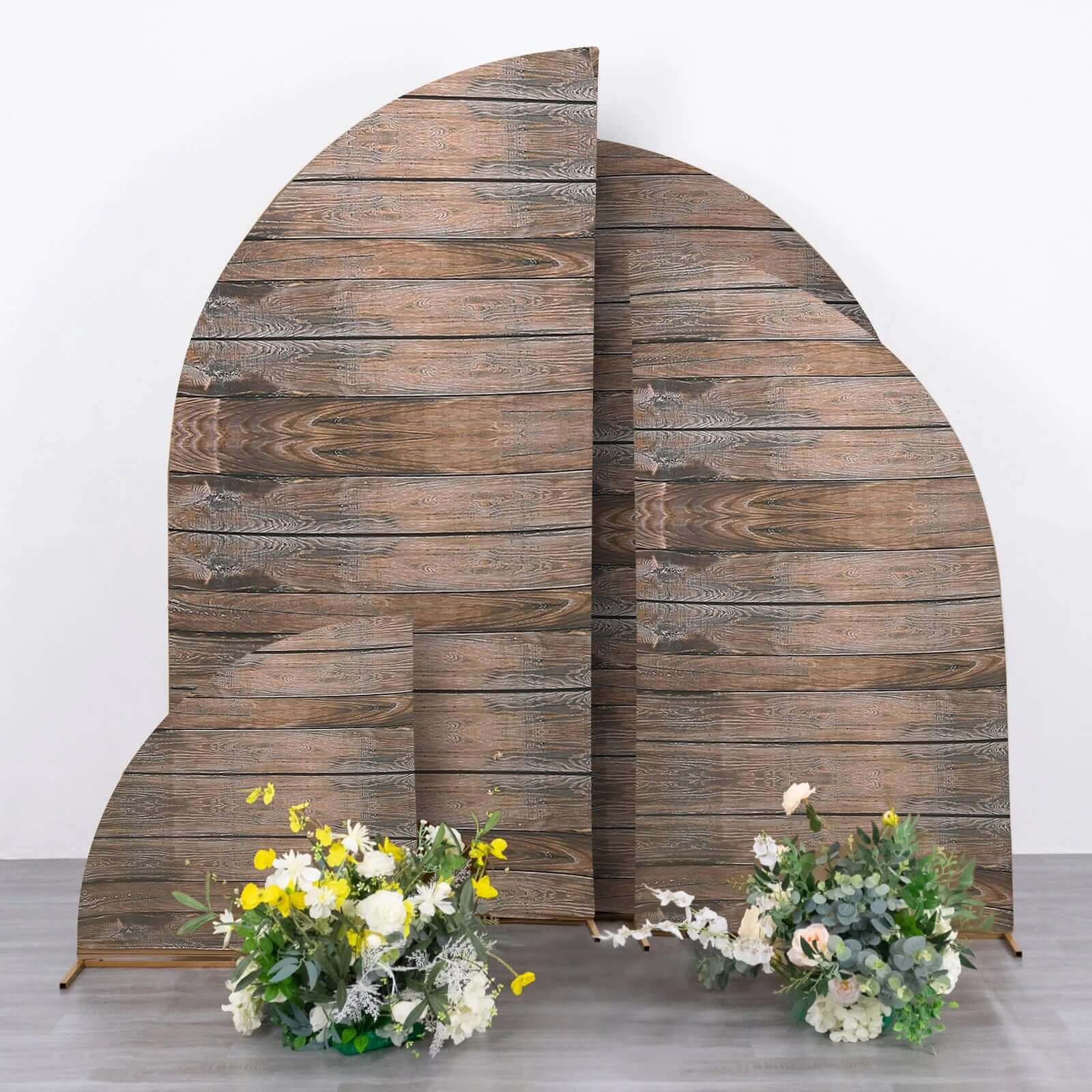 Set of 4 Brown Spandex Wedding Arch Covers with Rustic Wood Design, for Half Moon Stands