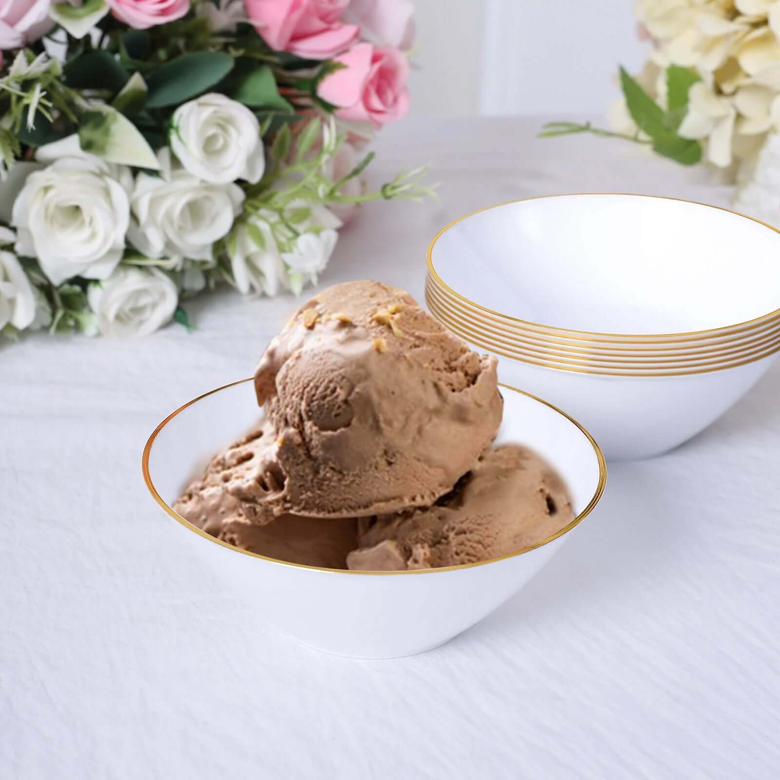 24-Pack 7oz Premium Heavy Duty Plastic Ice Cream Bowls - Glossy White with Gold Rim, Ideal for Events
