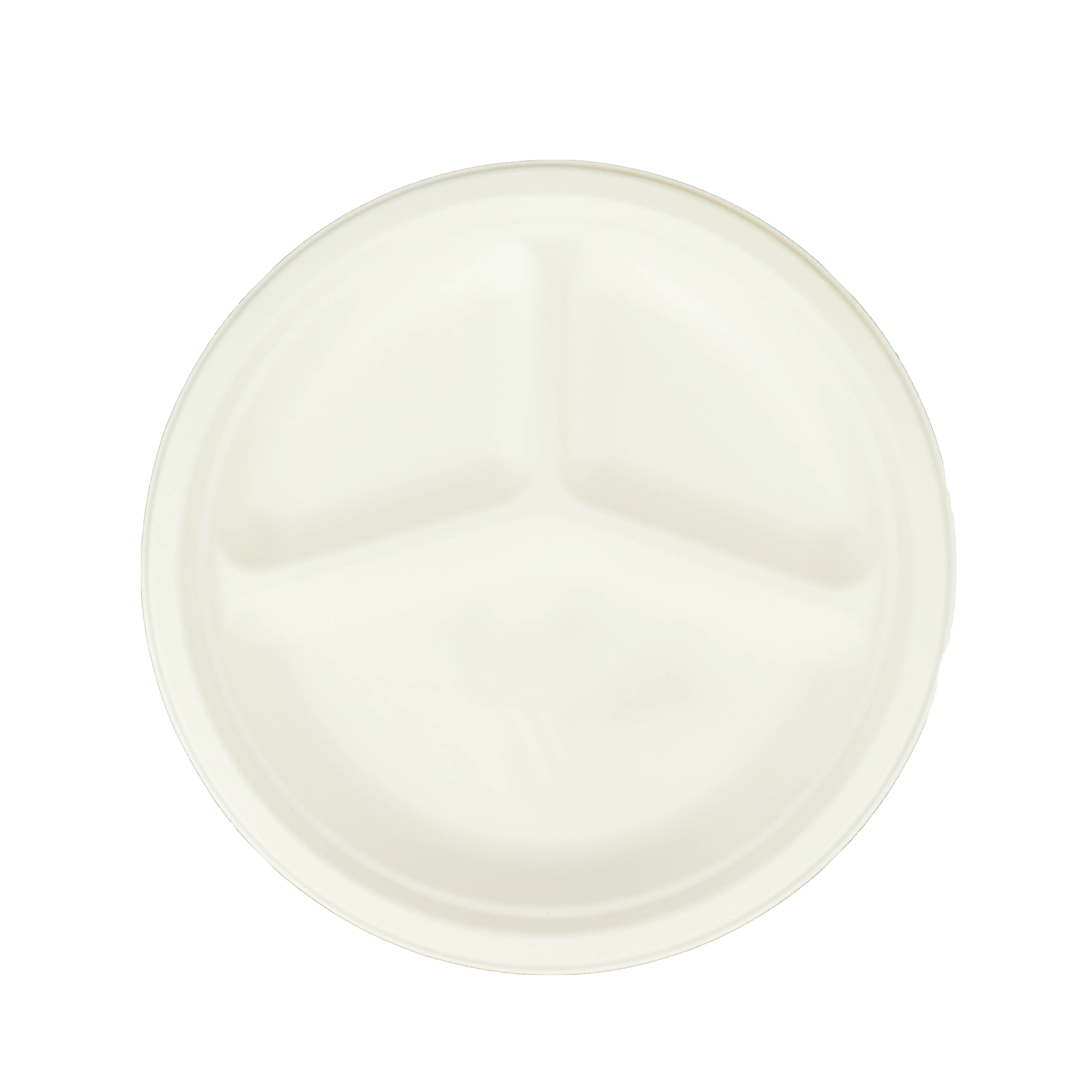 Eco-Friendly 50-Pack White Round 10-Inch 3-Compartment Dinner Plates from Bagasse - Ideal for Events & Catering
