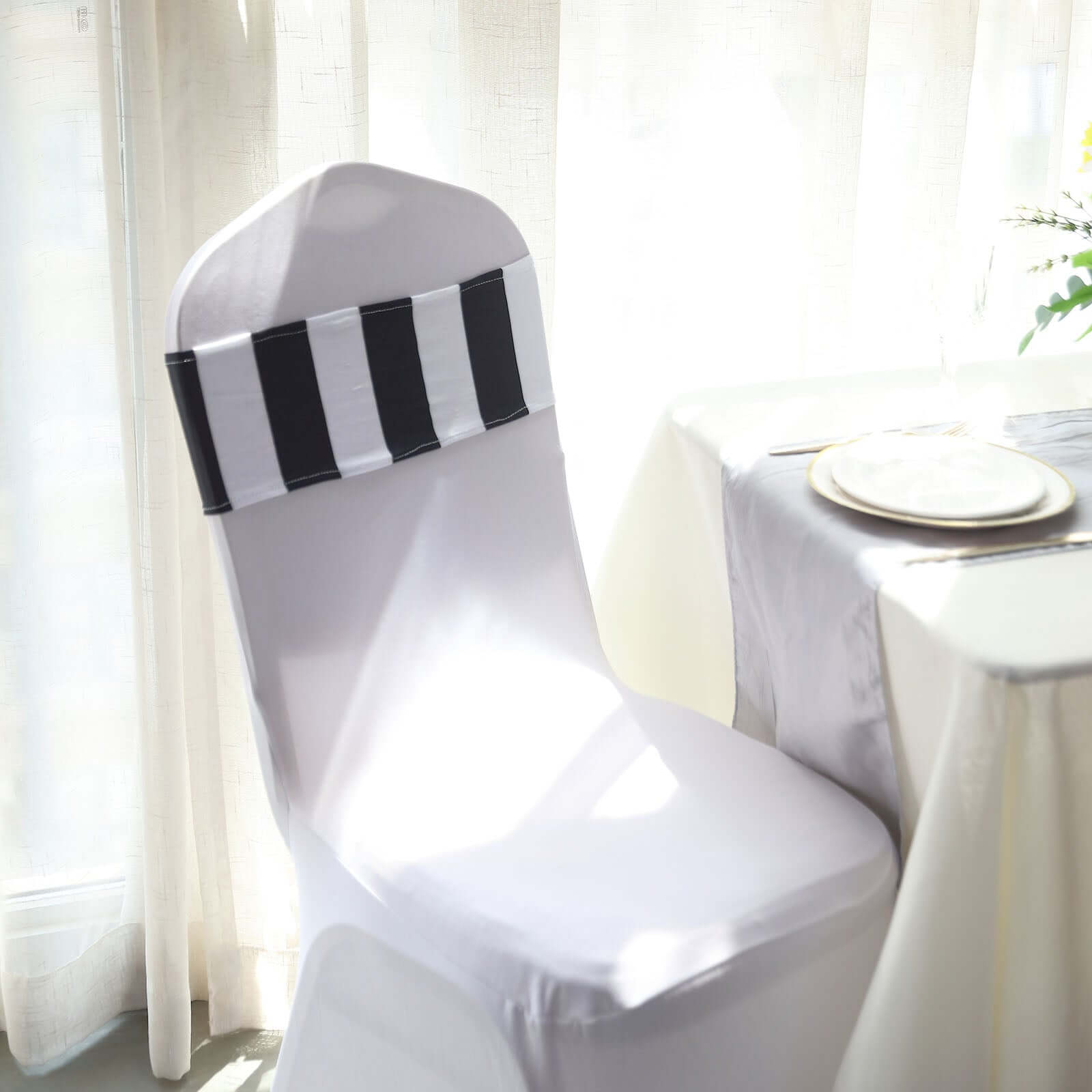 5-Pack Black/White Vertical Striped Spandex Chair Sashes - Wrinkle-Free & Easy to Use for Stunning Decor
