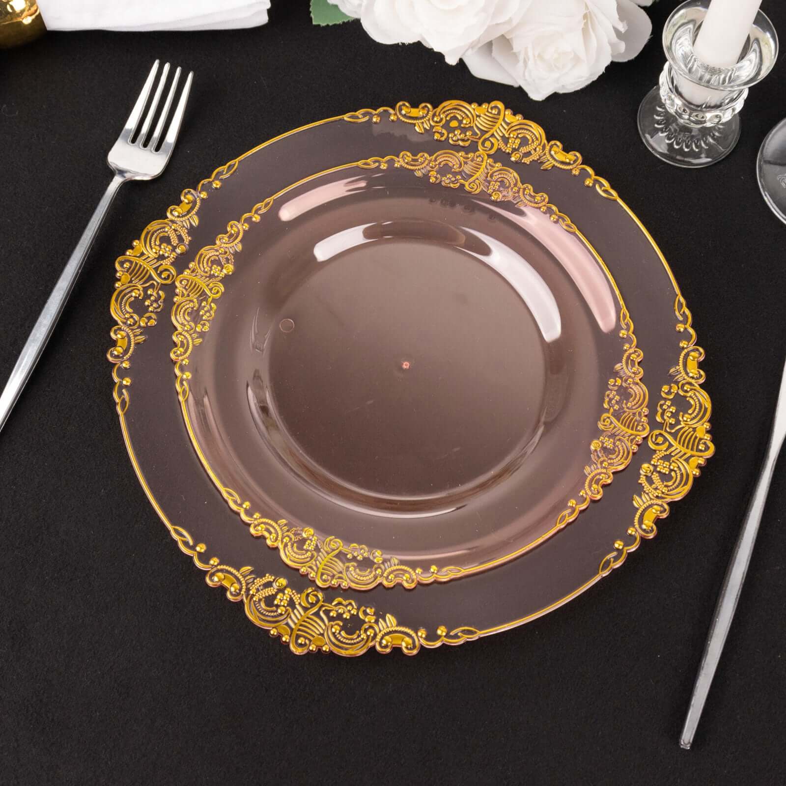 10-Pack Disposable 8" Transparent Blush Plastic Dessert Plates with Gold Leaf Embossed Rim - Vintage Baroque Style