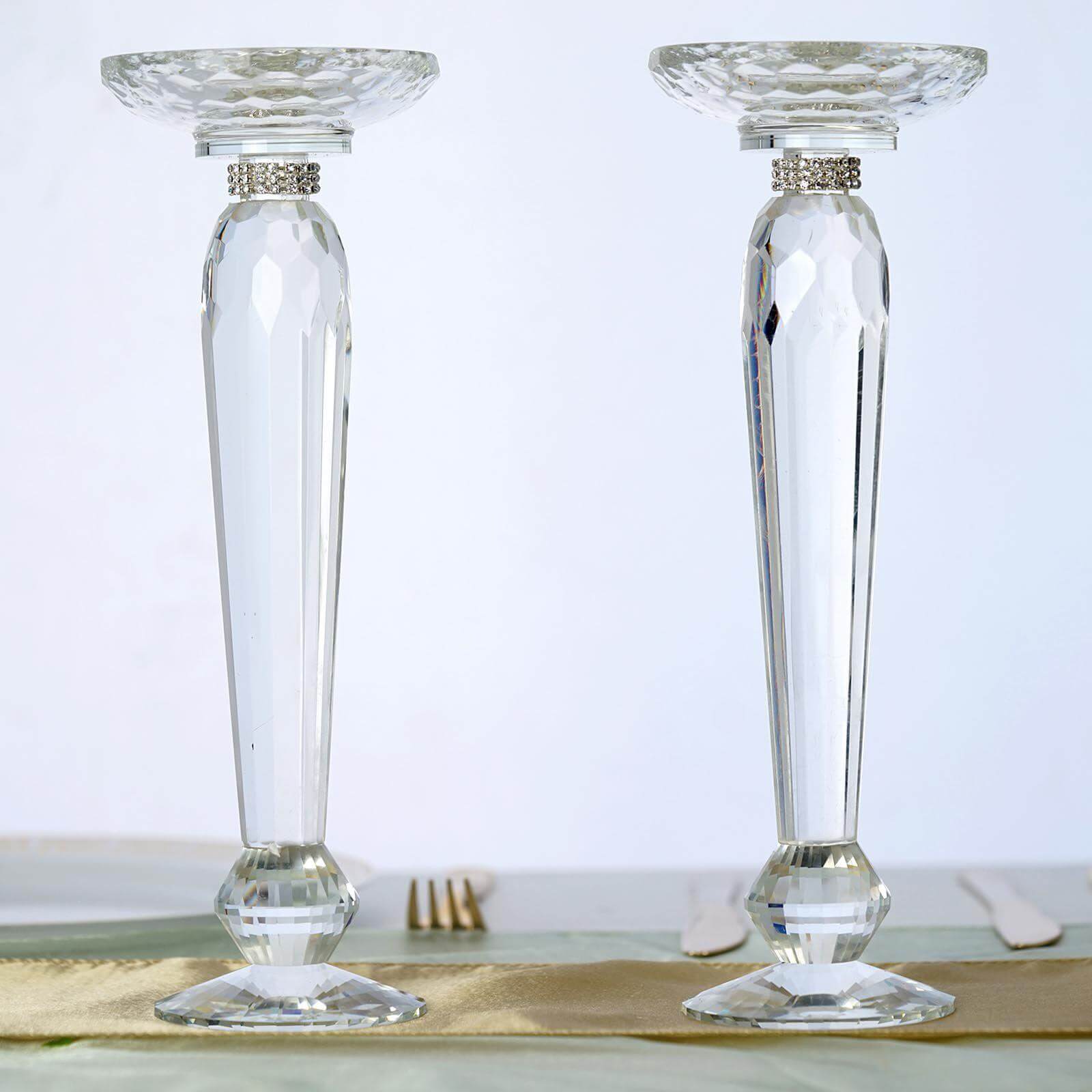 2-Pack 11-Inch Cut Crystal Glass Pillar Candle Holders for Decorative Use