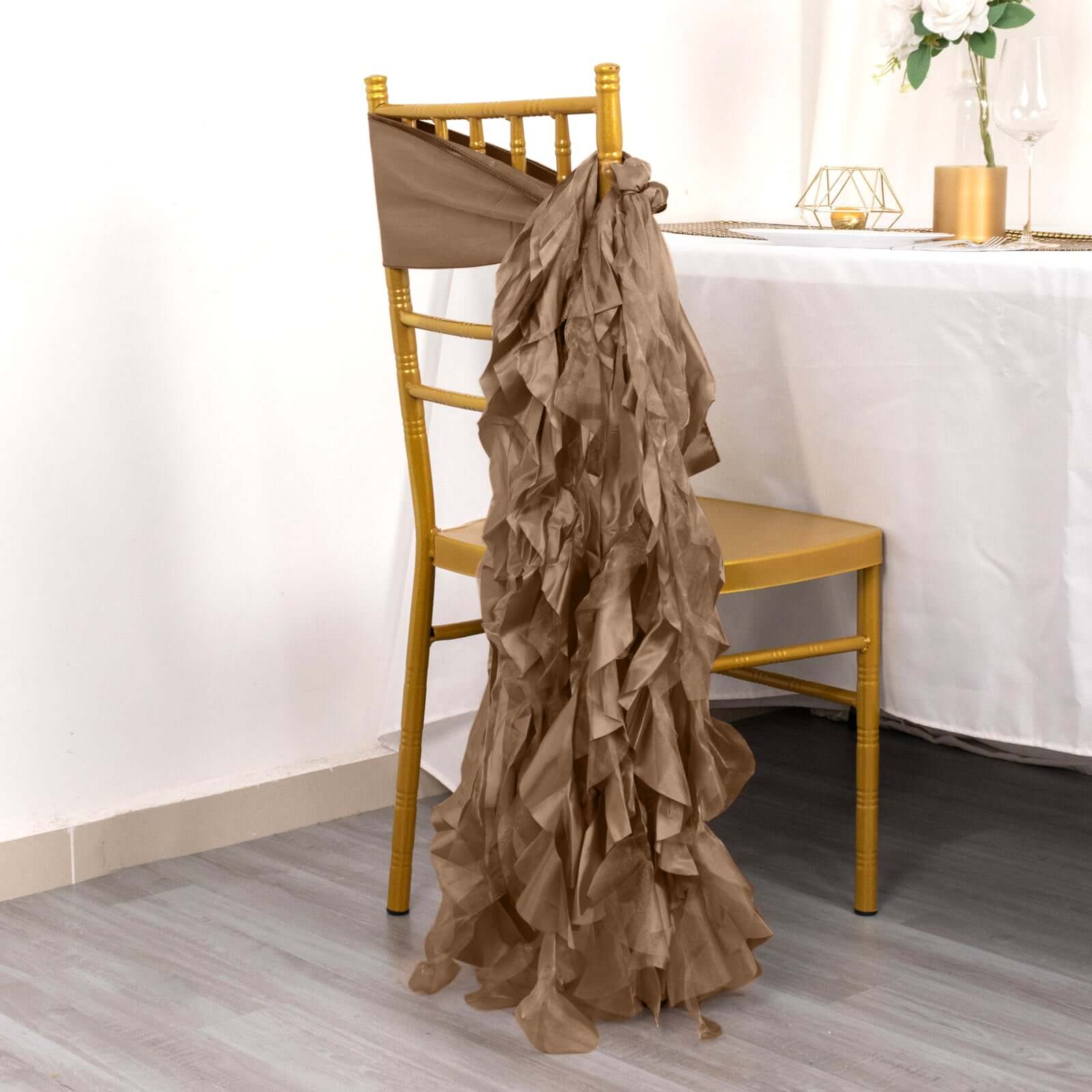 5-Piece Taupe Chiffon Satin Curly Willow Chair Sashes - Effortless Installation
