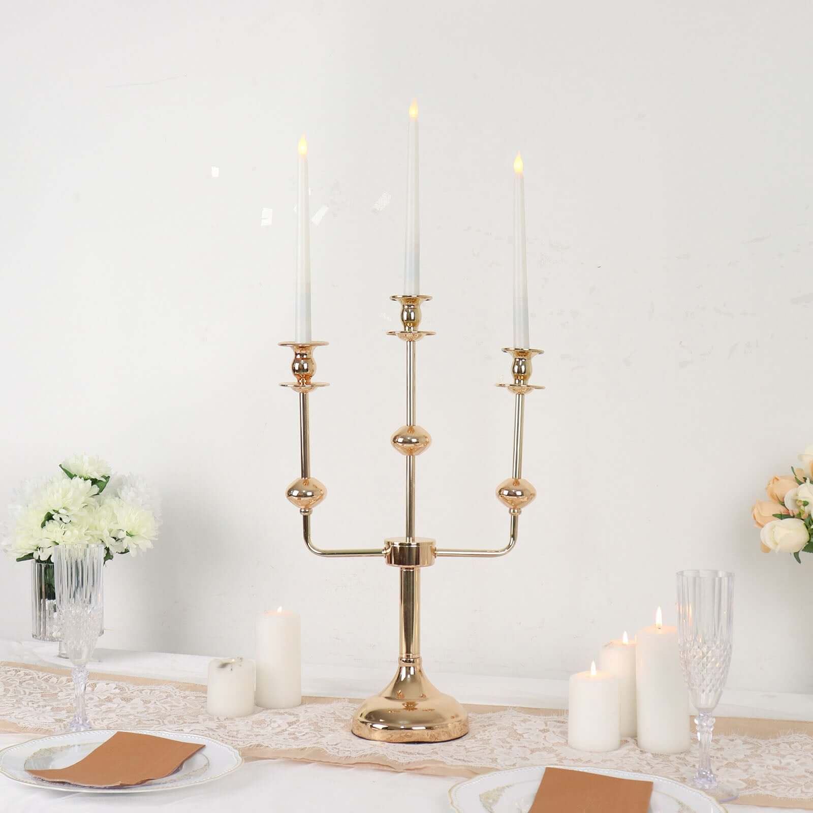 Gold Metal 3-Arm Taper Candelabra Candle Holder Stand - Ideal Wedding Centerpiece
