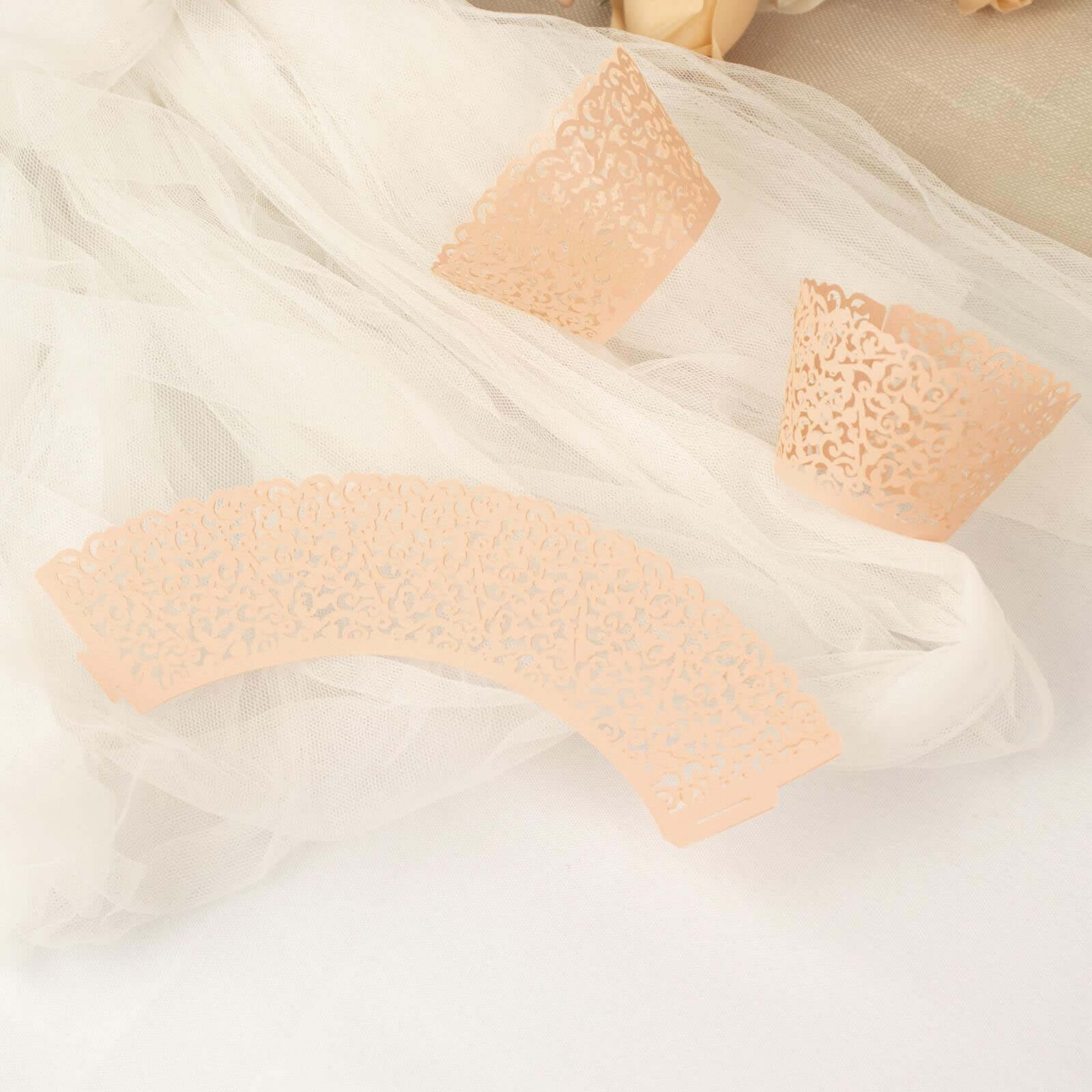 25-Pack Premium Blush Paper Cupcake Wrappers with Lace Laser Cut Design for Party Baking