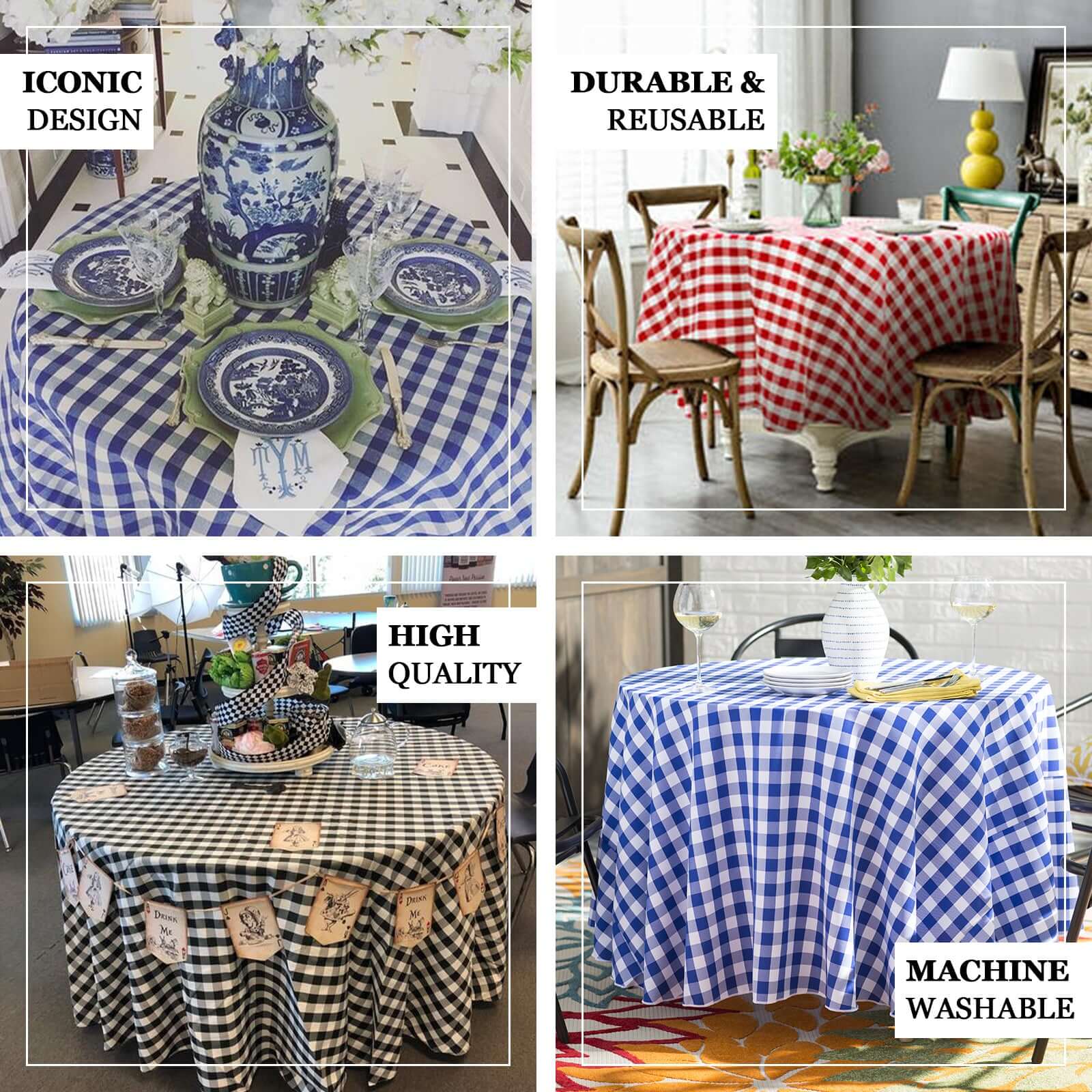 Hot! 120" Polyester Seamless White/Blue Checkered Buffalo Plaid Round Tablecloth
