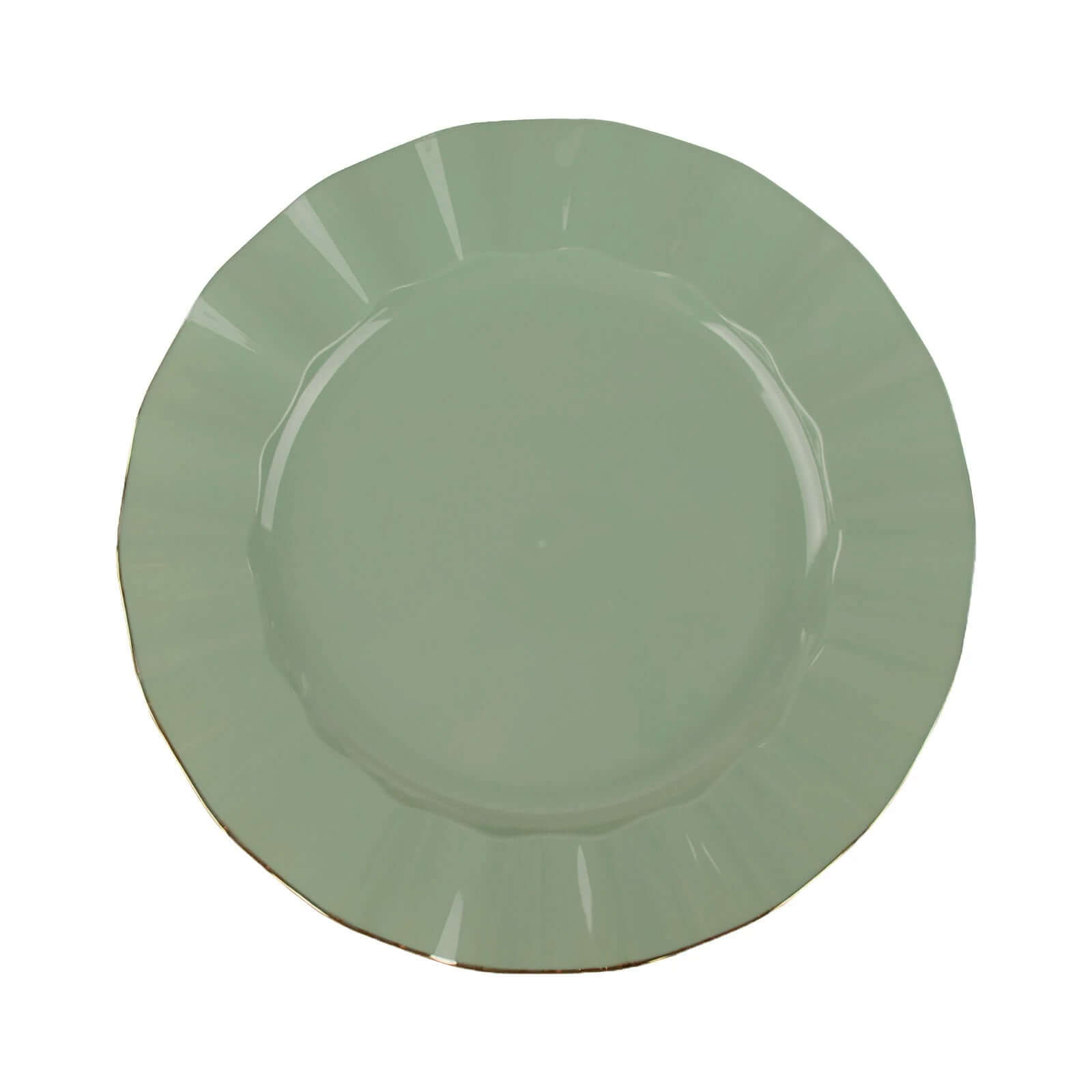 10-Piece Set of Sturdy Disposable 9-Inch Round Dinner Plates in Dusty Sage Green with Gold-Rimmed Ruffle