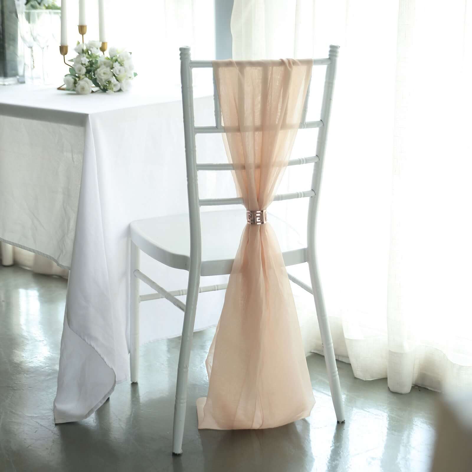 Get 5-Pack Premium Nude Chiffon Chair Sashes - Soft, Lightweight Designer Bows 22x78