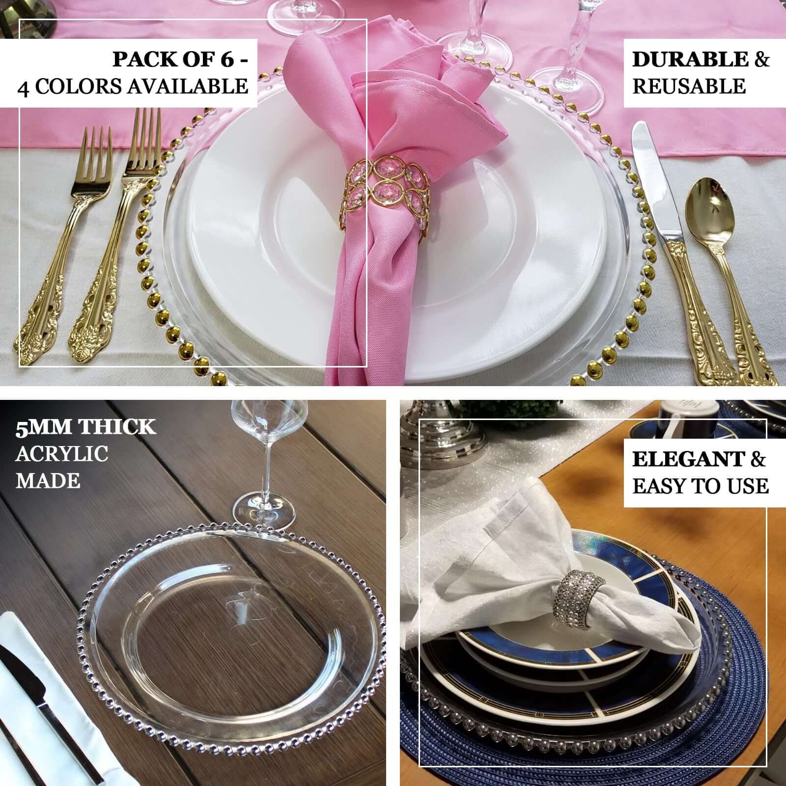 Set of 6 Acrylic Round 13-inch Amber Gold Charger Plates with Beaded Edging for Dinner Parties